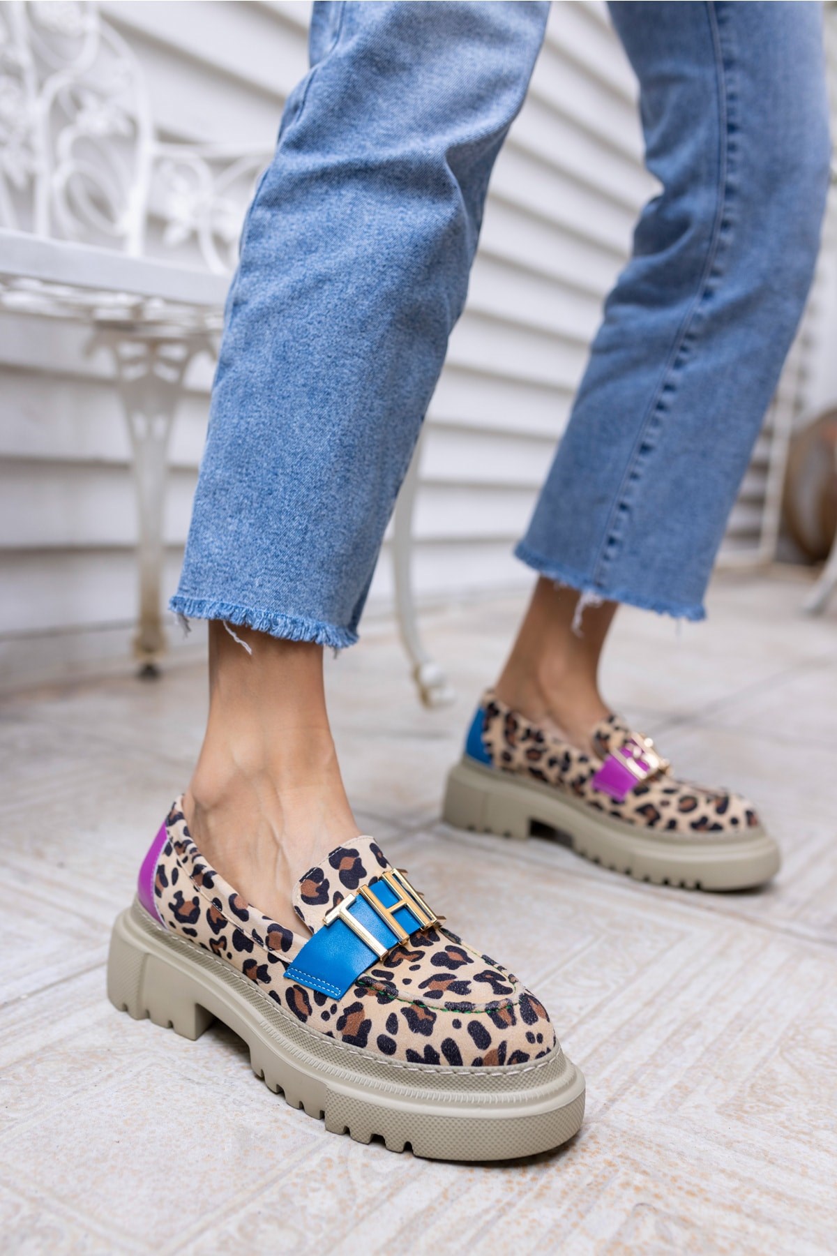 James Kadın Leopar Gereck Deri Loafer Ayakkabi