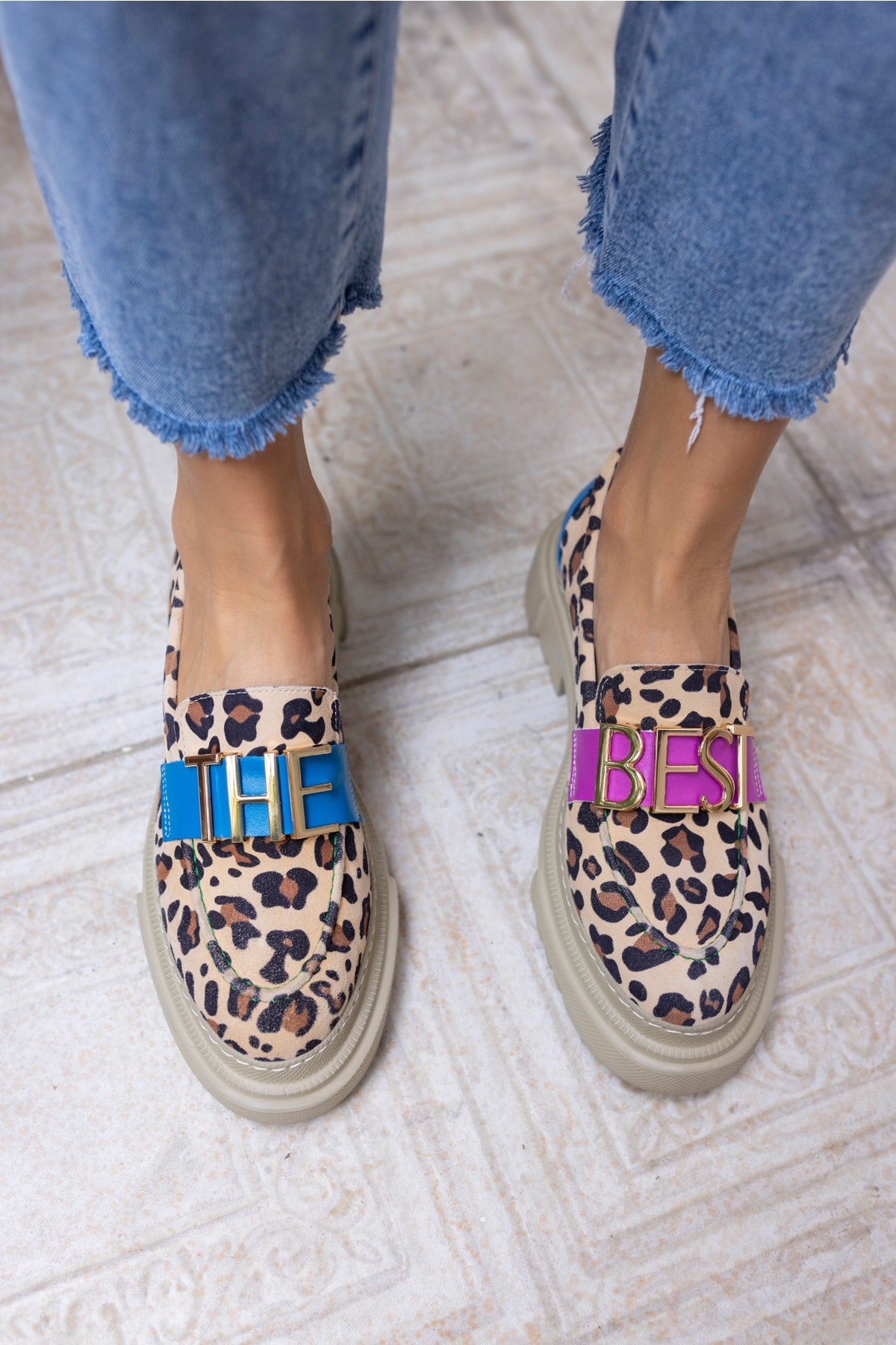 James Kadın Leopar Gereck Deri Loafer Ayakkabi