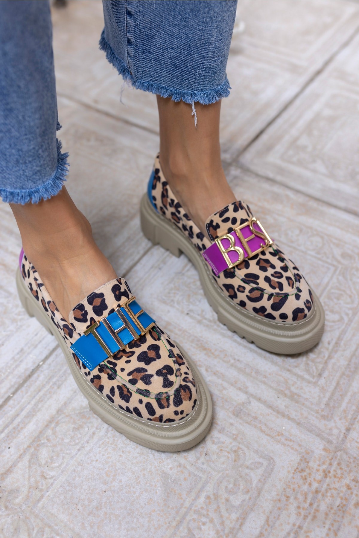 James Kadın Leopar Gereck Deri Loafer Ayakkabi