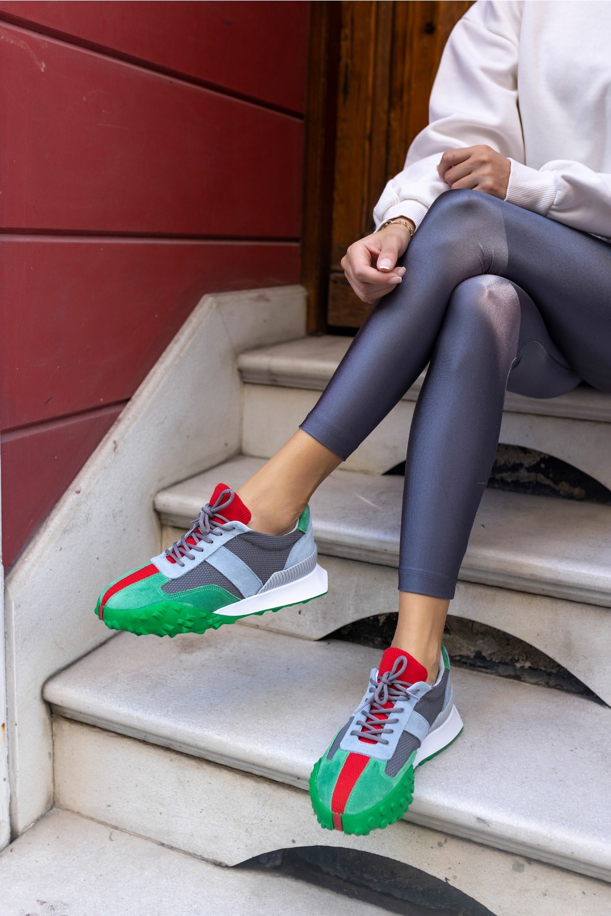 Lascor Kadın Yeşil Gercek Suet Gri Garnılı Sneaker