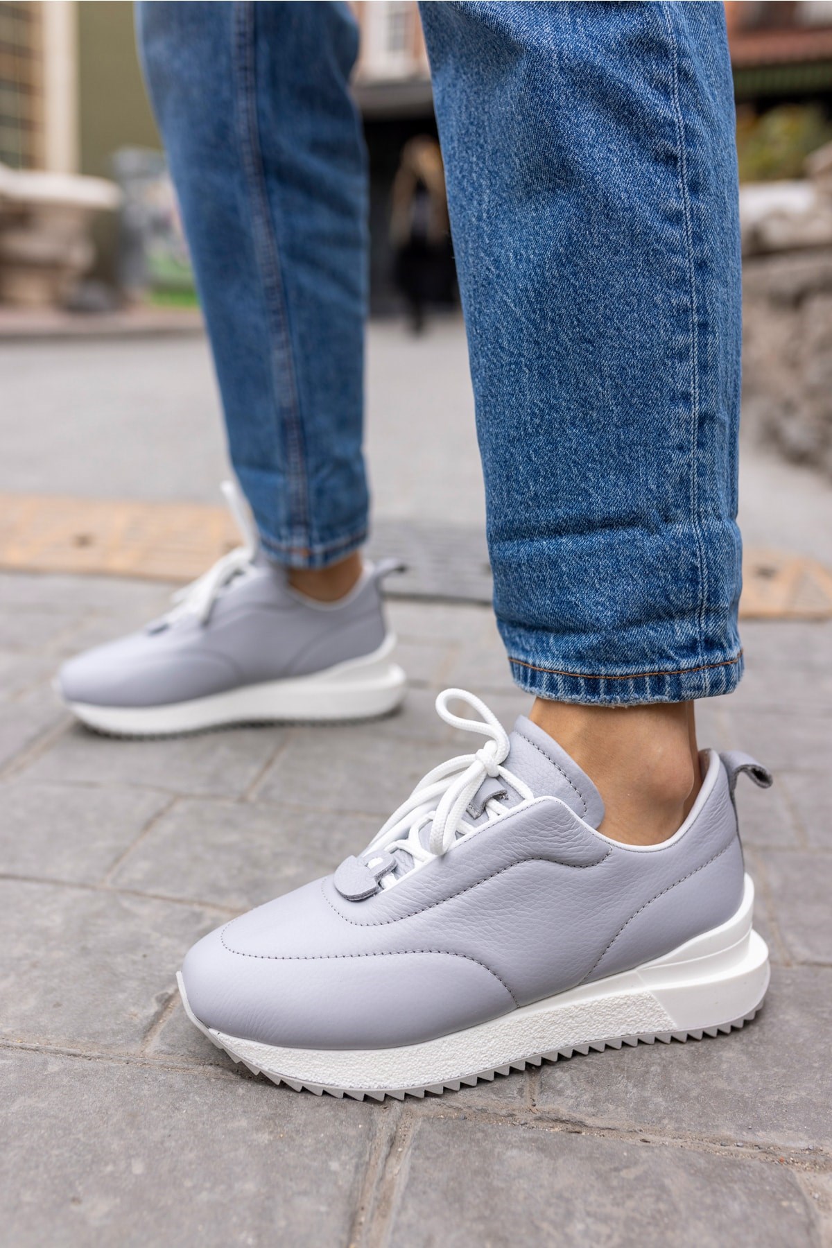 Tobias Kadin Gri Gercek Deri Puff Detay Sneaker