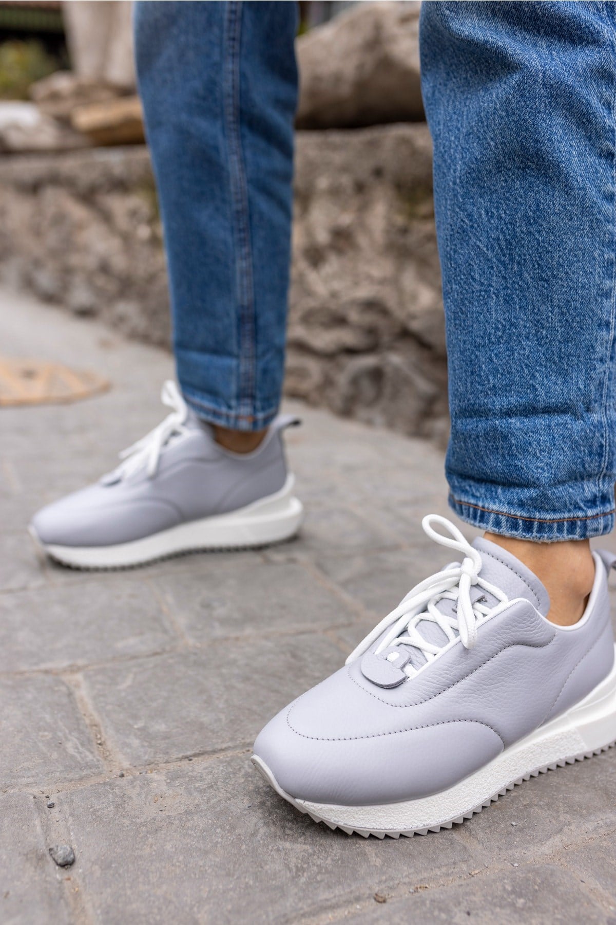 Tobias Kadin Gri Gercek Deri Puff Detay Sneaker