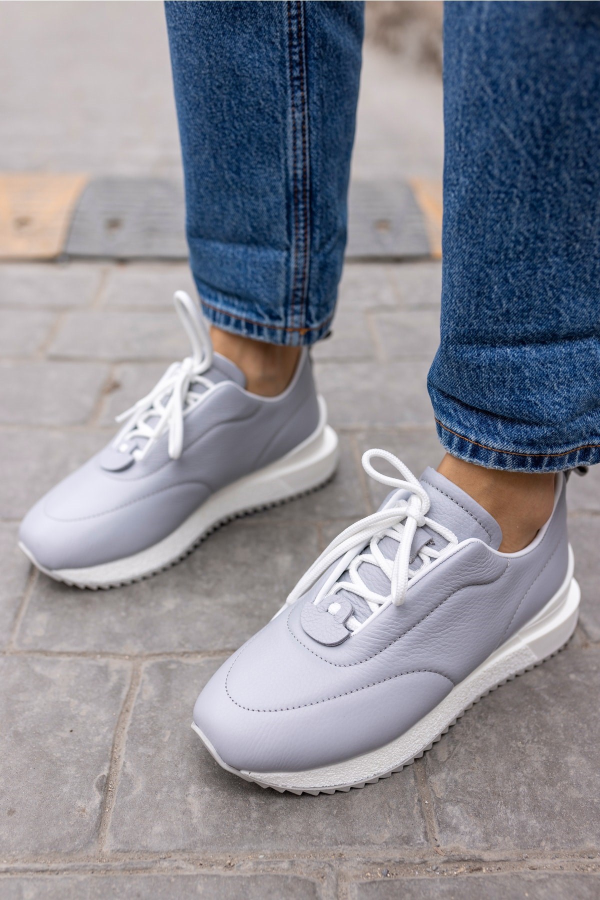 Tobias Kadin Gri Gercek Deri Puff Detay Sneaker
