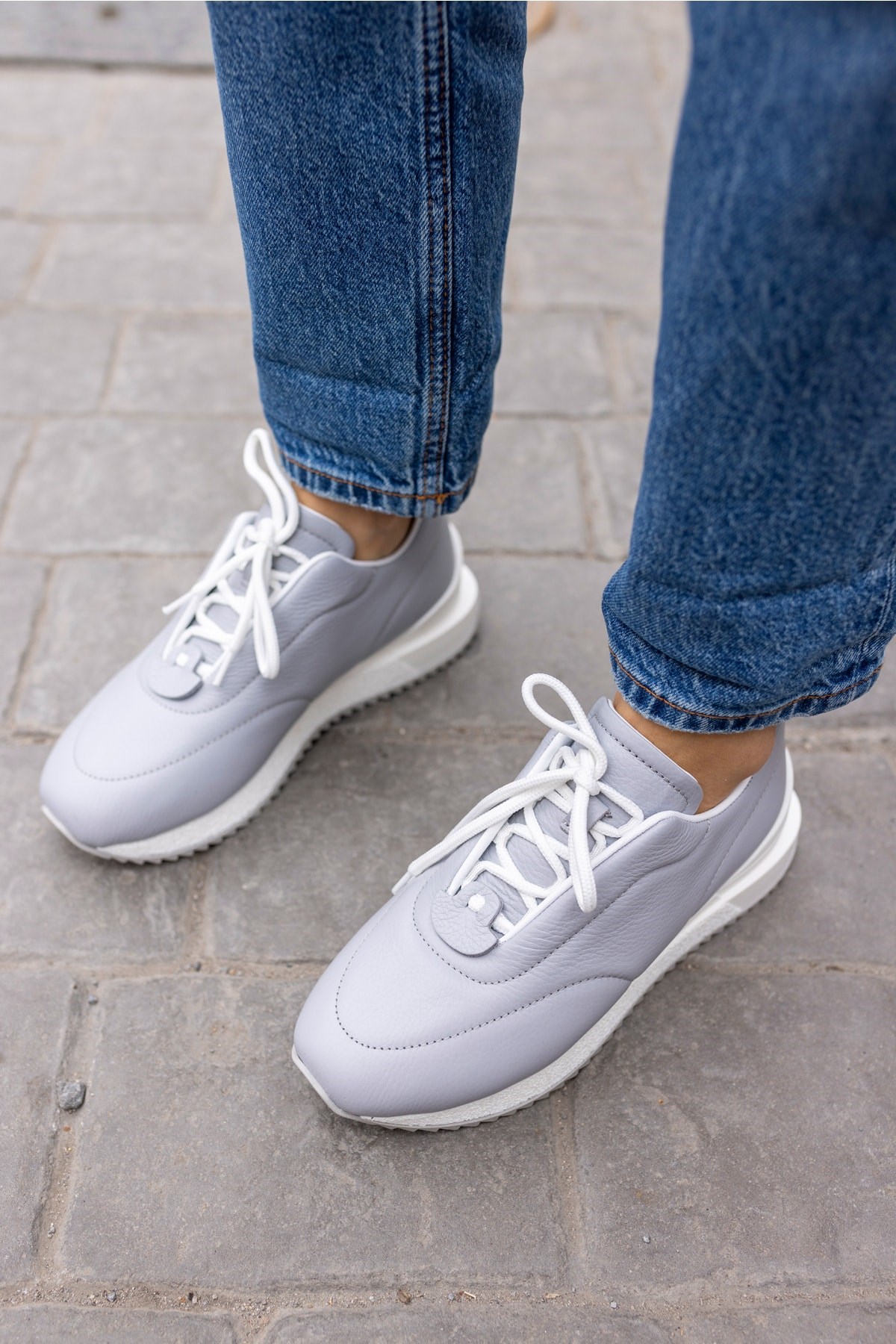 Tobias Kadin Gri Gercek Deri Puff Detay Sneaker
