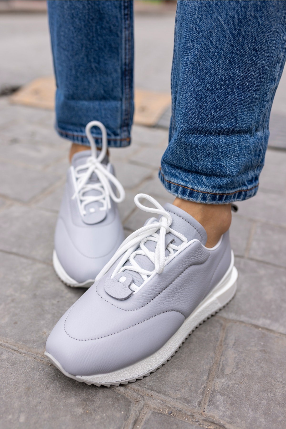 Tobias Kadin Gri Gercek Deri Puff Detay Sneaker