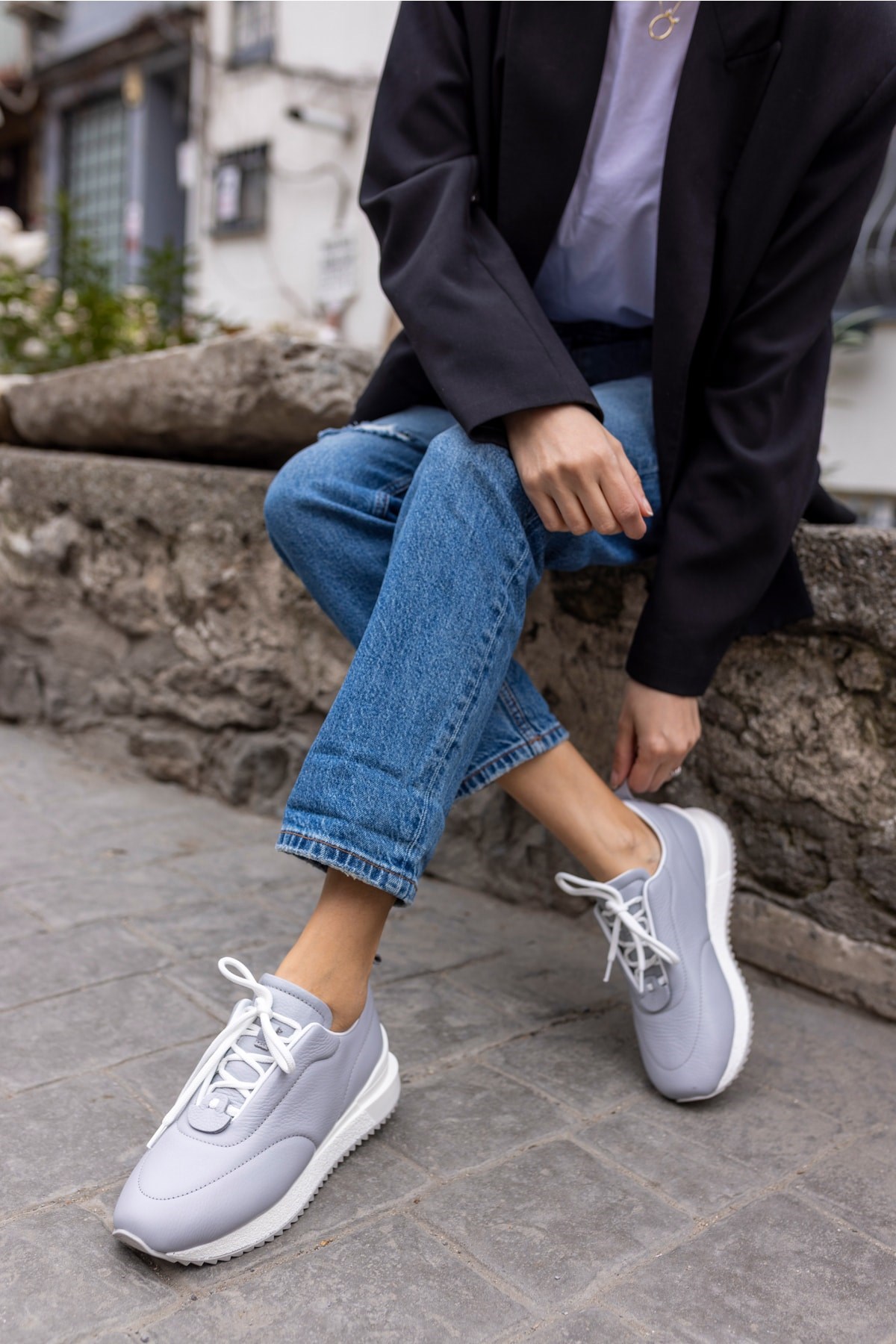 Tobias Kadin Gri Gercek Deri Puff Detay Sneaker