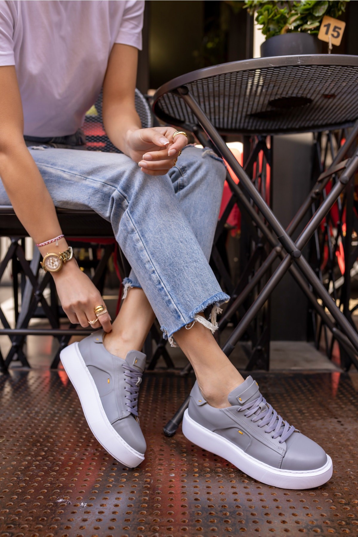 Janiska Kadin Gri Gercek Deri Eva Taban Sneaker