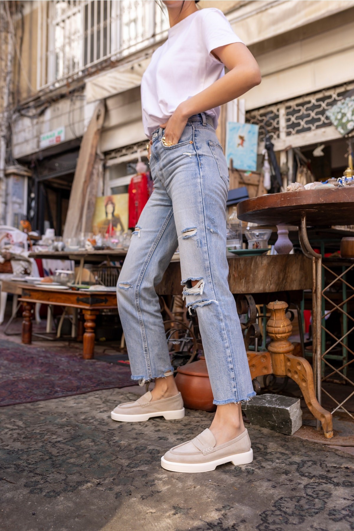 Dream Kadın Bej Gercek Deri Suet Eva Taban Loafer Ayakkabi