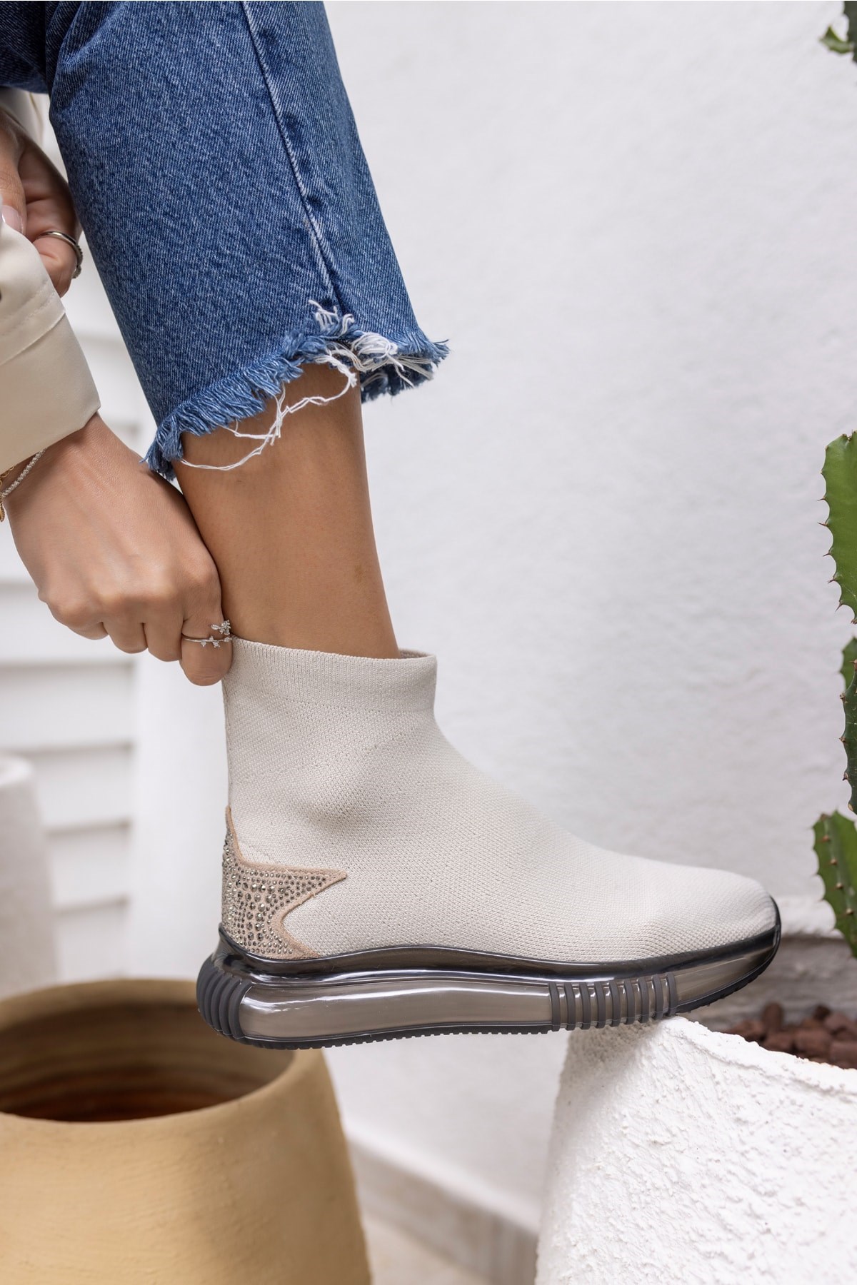 Damlalla Kadın Bej Air Taban Trıko Sneakers Bot