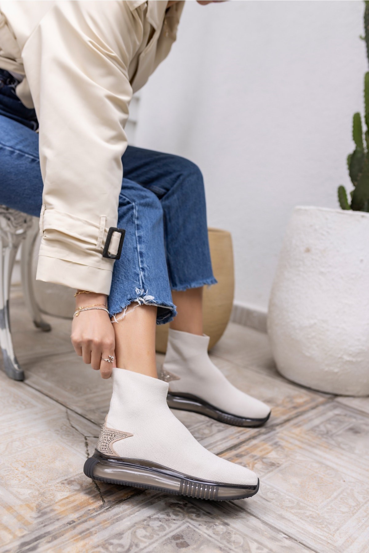 Damlalla Kadın Bej Air Taban Trıko Sneakers Bot