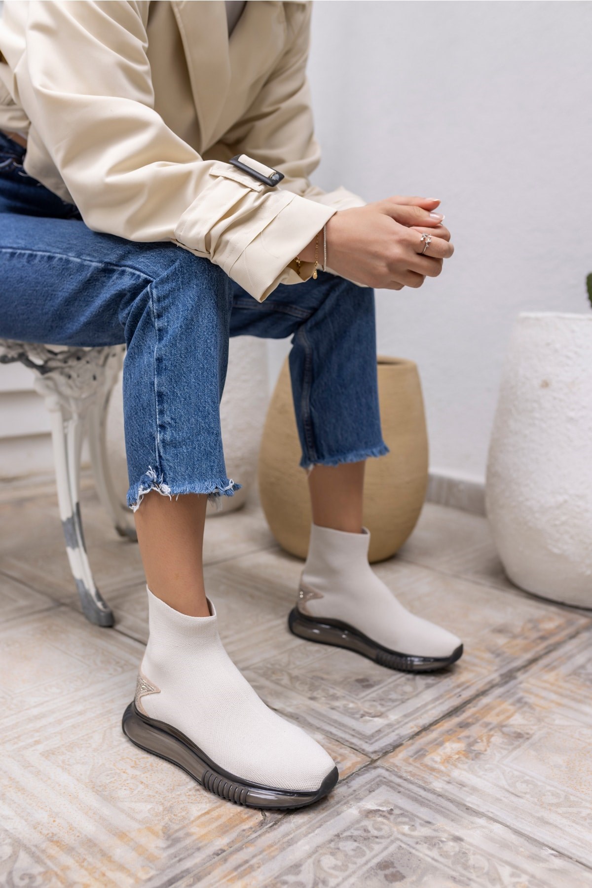 Damlalla Kadın Bej Air Taban Trıko Sneakers Bot