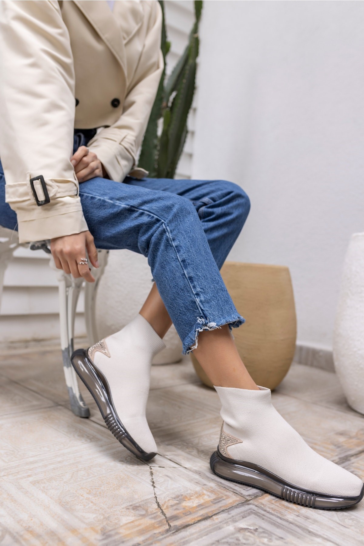 Damlalla Kadın Bej Air Taban Trıko Sneakers Bot