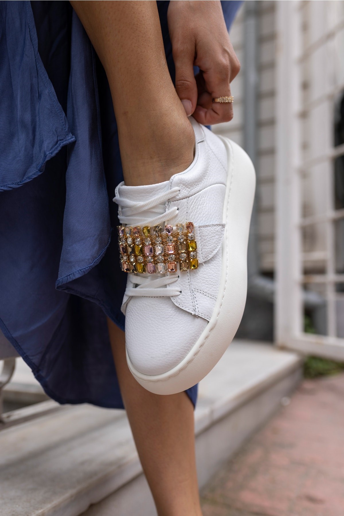 Ellya Kadin Beyaz Gercek Deri Ithal Taş Detay Sneaker
