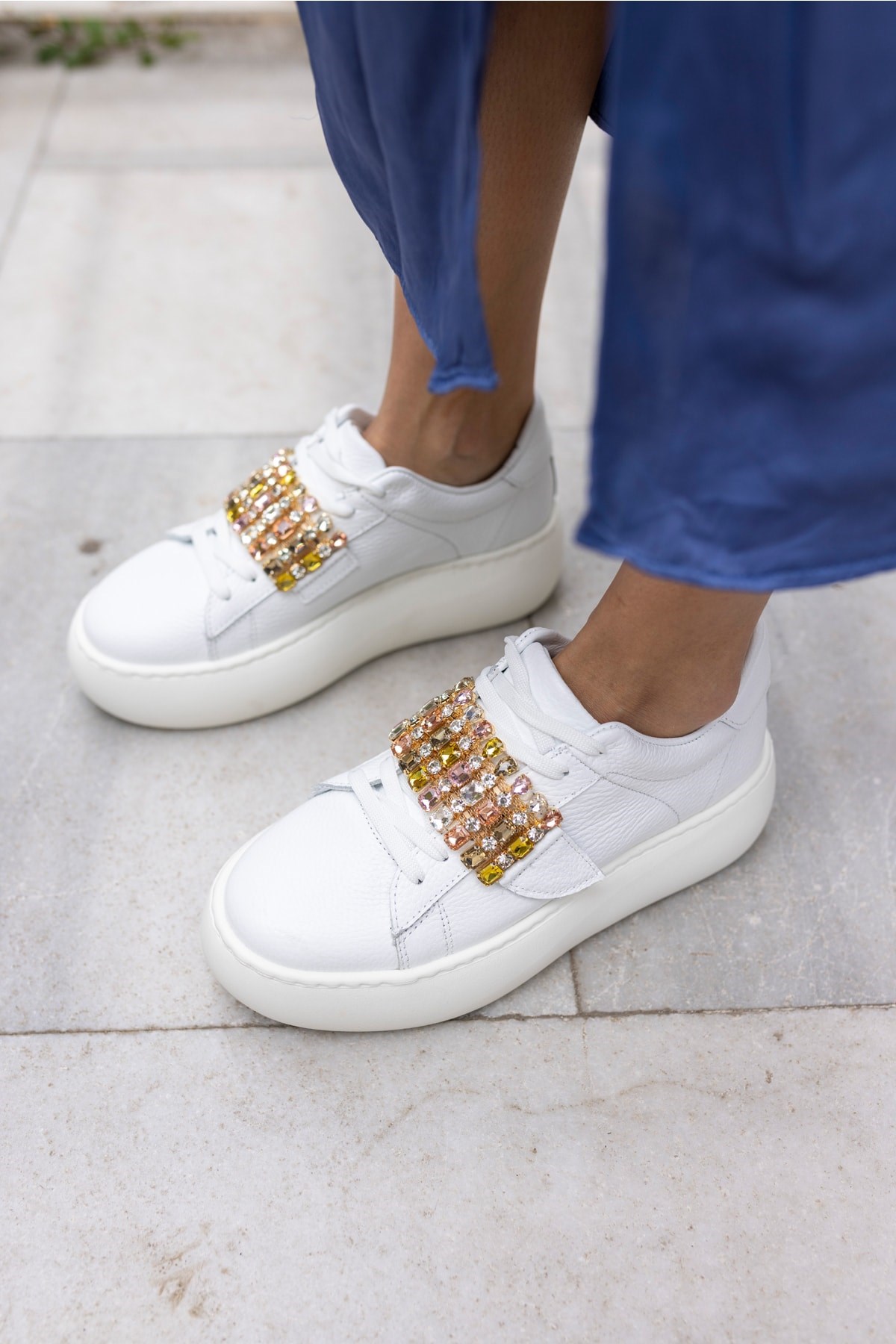 Ellya Kadin Beyaz Gercek Deri Ithal Taş Detay Sneaker