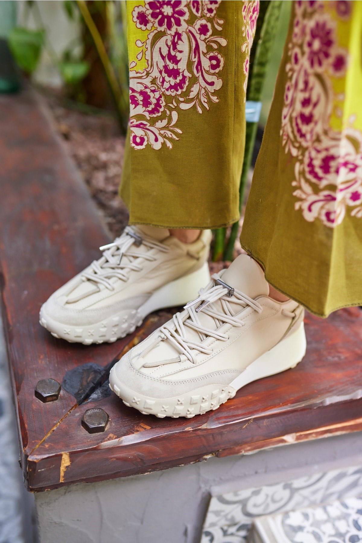 Ready Kadın Bej Gercek Deri Sneaker