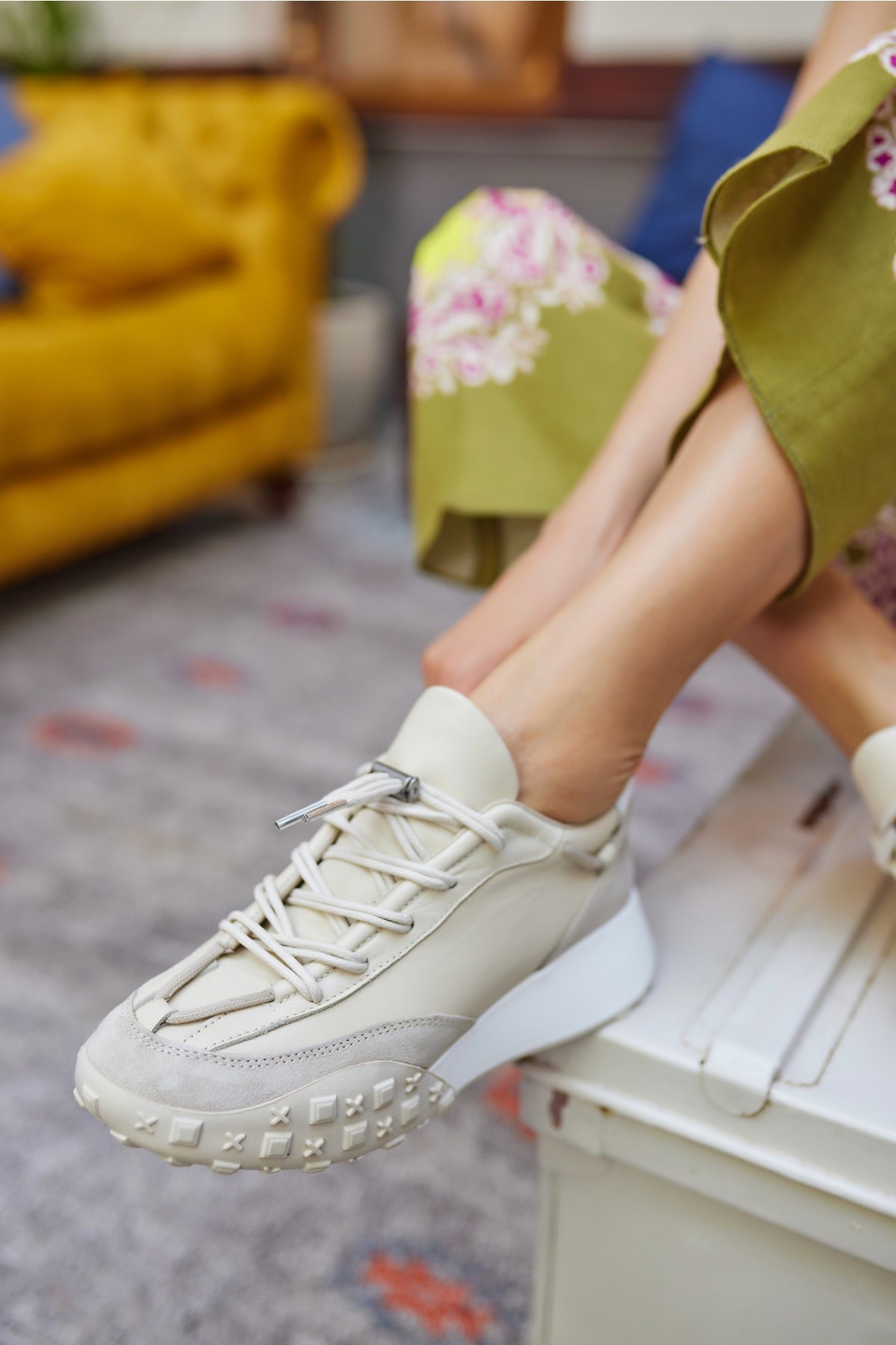 Ready Kadın Bej Gercek Deri Sneaker