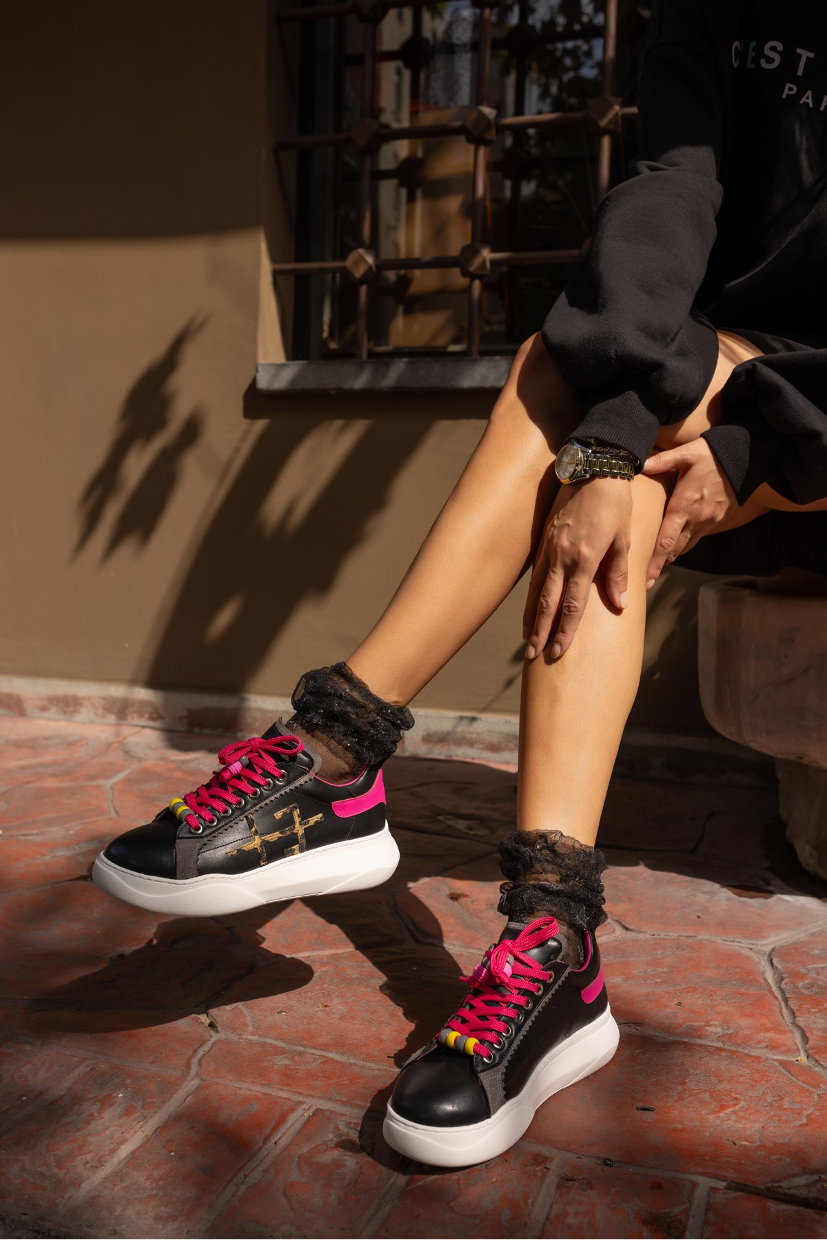 REPSO KADİN SİYAH FUSYA BAGCIK DETAY EVA TABAN SNEAKER