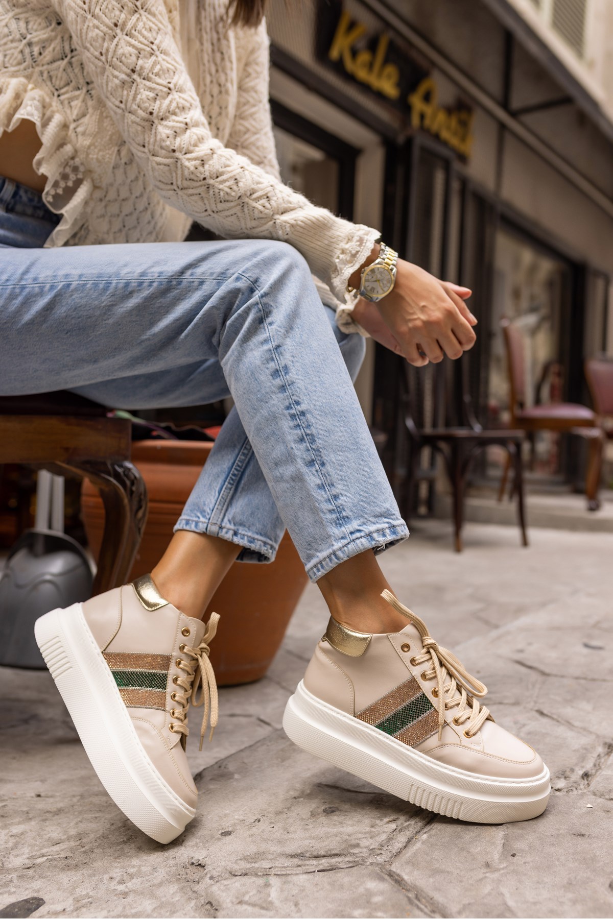 TOBERS KADIN BEJ TAŞ DETAY SNEAKER