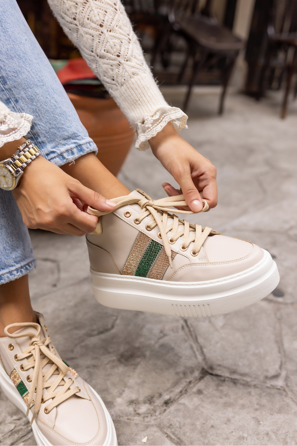 TOBERS KADIN BEJ TAŞ DETAY SNEAKER