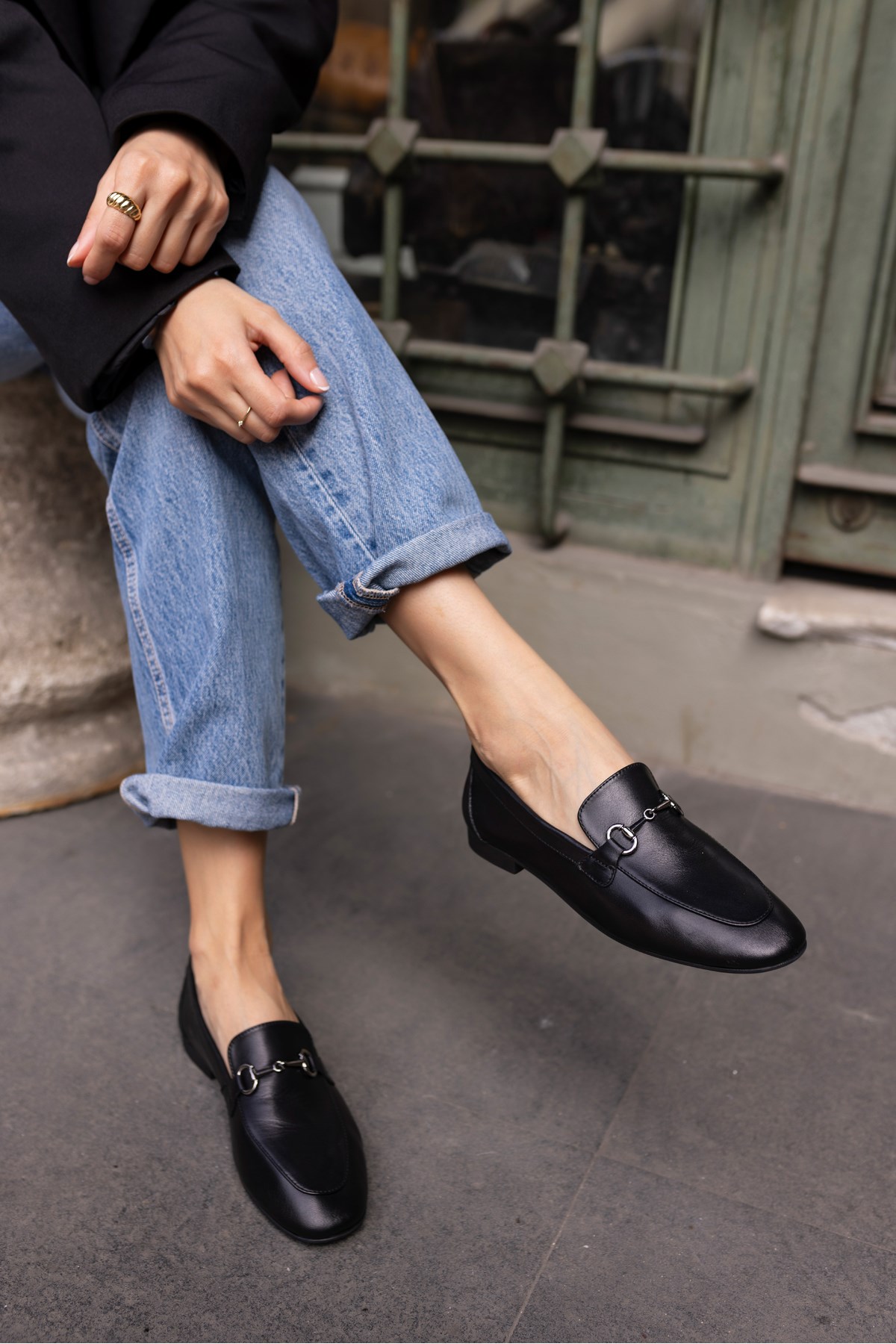 GEOLA KADİN SİYAH GERCEK DERİ TOKALI LOAFER BABET