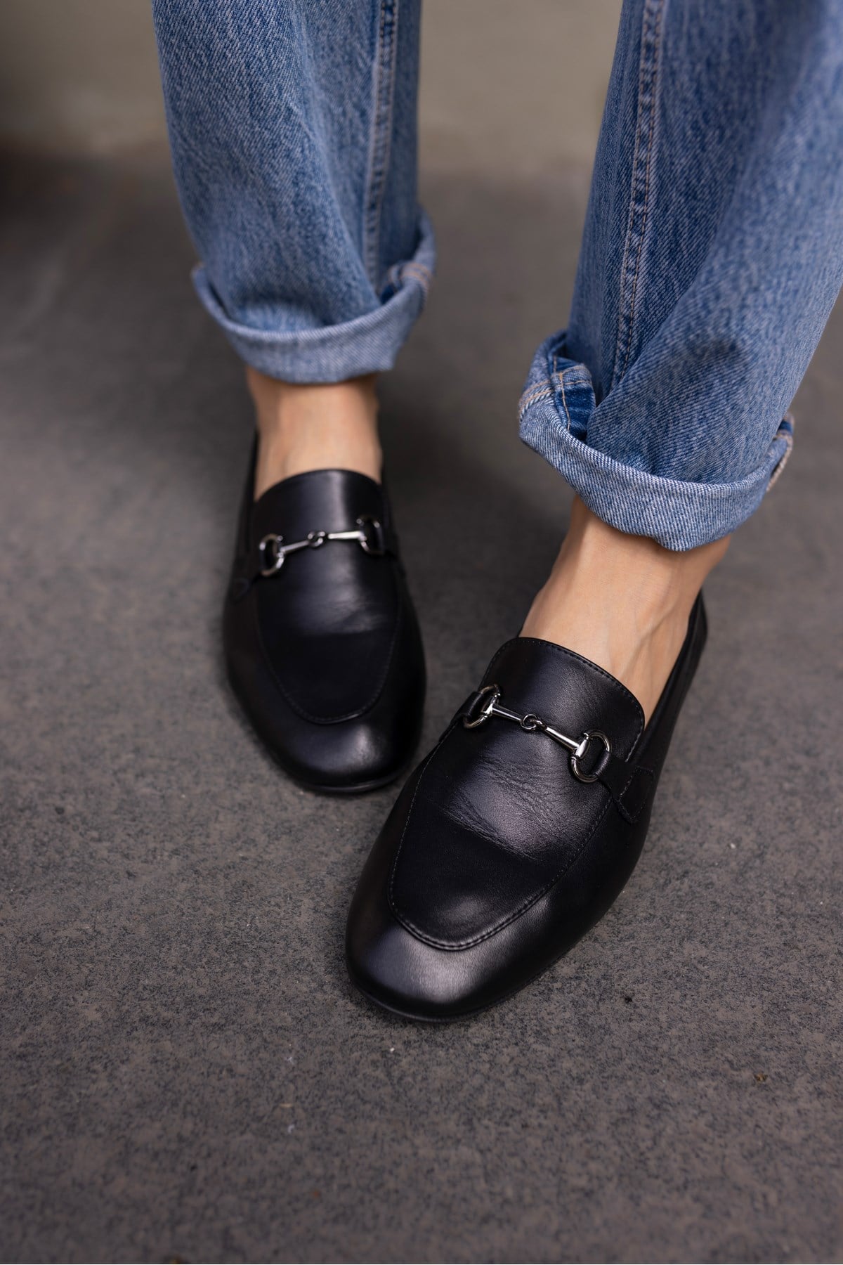 GEOLA KADİN SİYAH GERCEK DERİ TOKALI LOAFER BABET