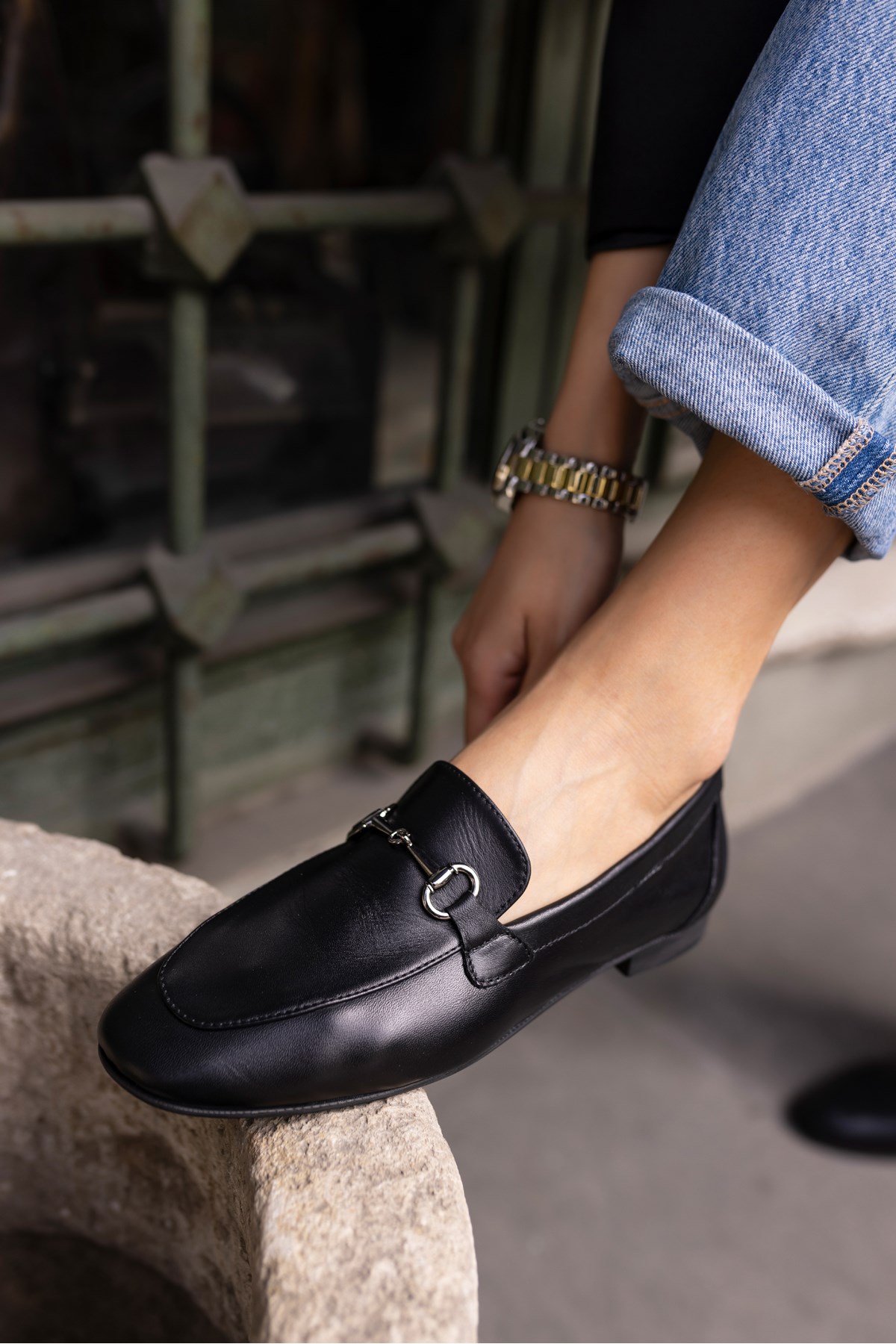 GEOLA KADİN SİYAH GERCEK DERİ TOKALI LOAFER BABET