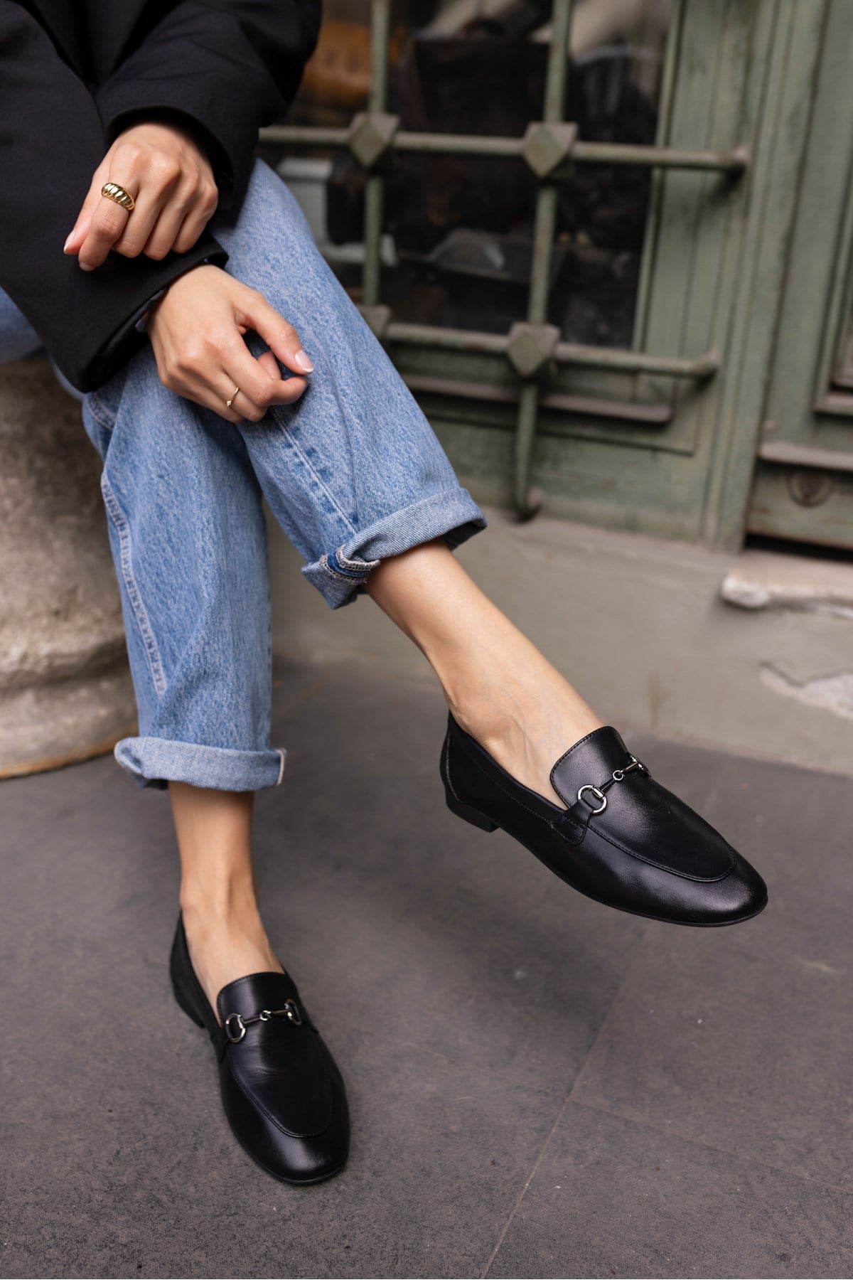 GEOLA KADİN SİYAH GERCEK DERİ TOKALI LOAFER BABET