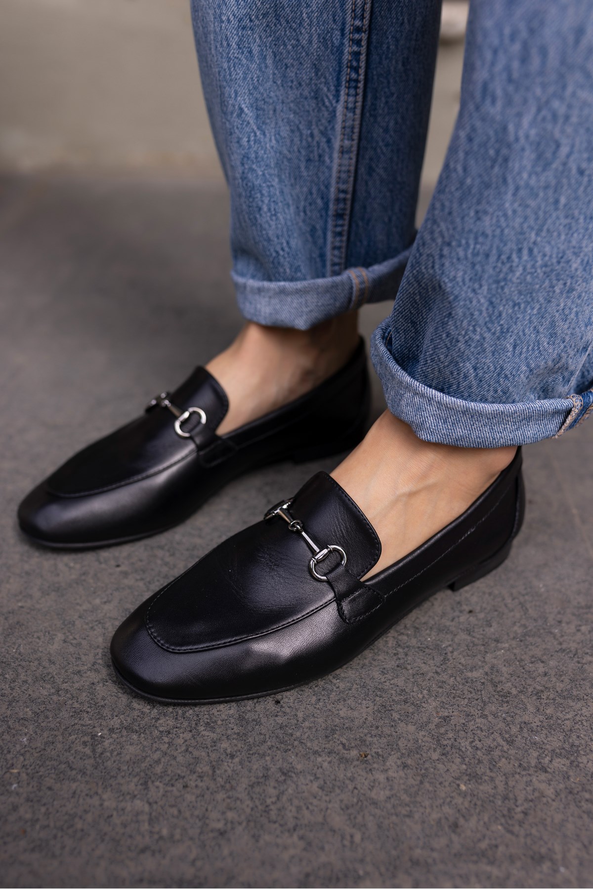 GEOLA KADİN SİYAH GERCEK DERİ TOKALI LOAFER BABET