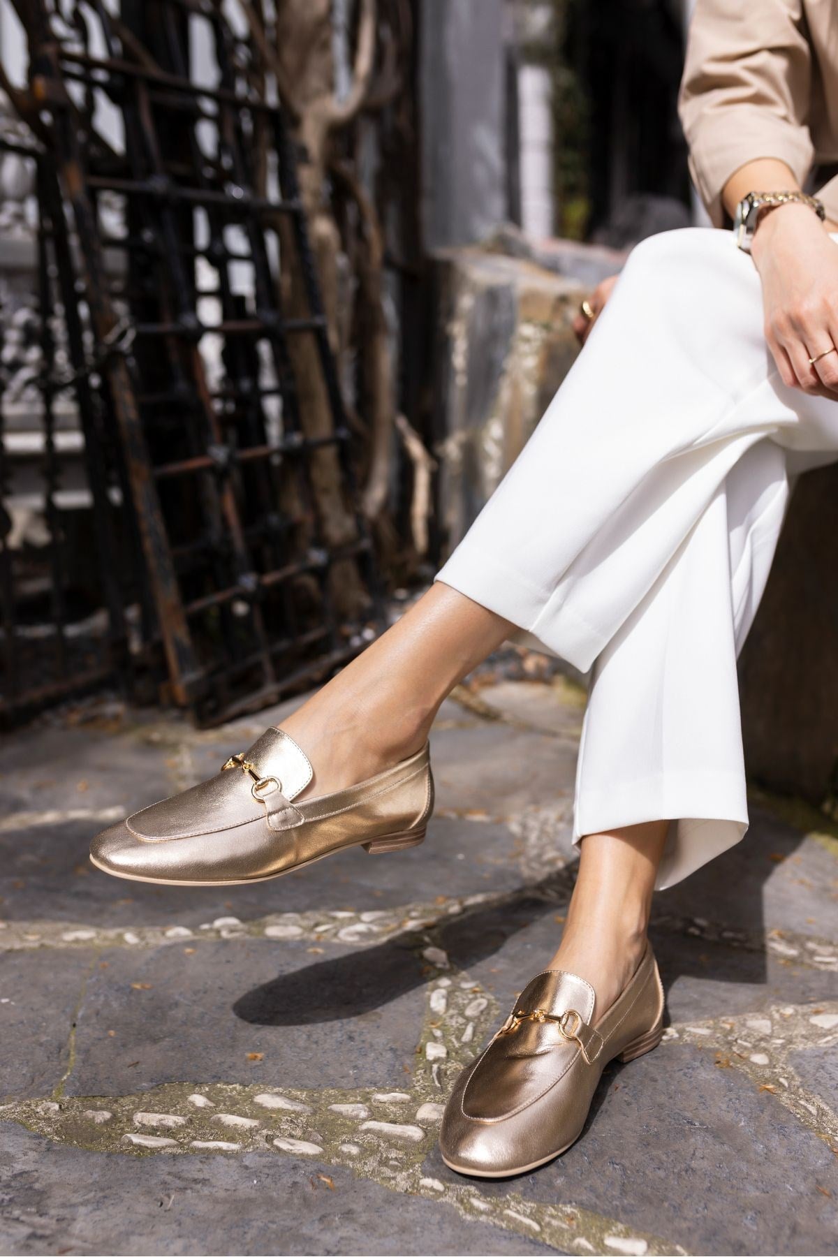 GEOLA KADIN ALTIN GOLD GERCEK DERİ LOAFER BABET