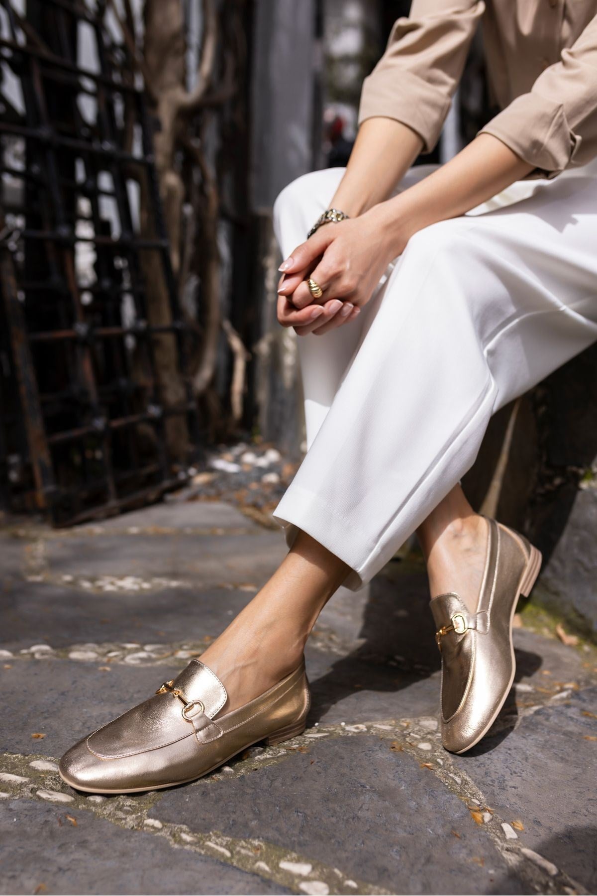 GEOLA KADIN ALTIN GOLD GERCEK DERİ LOAFER BABET