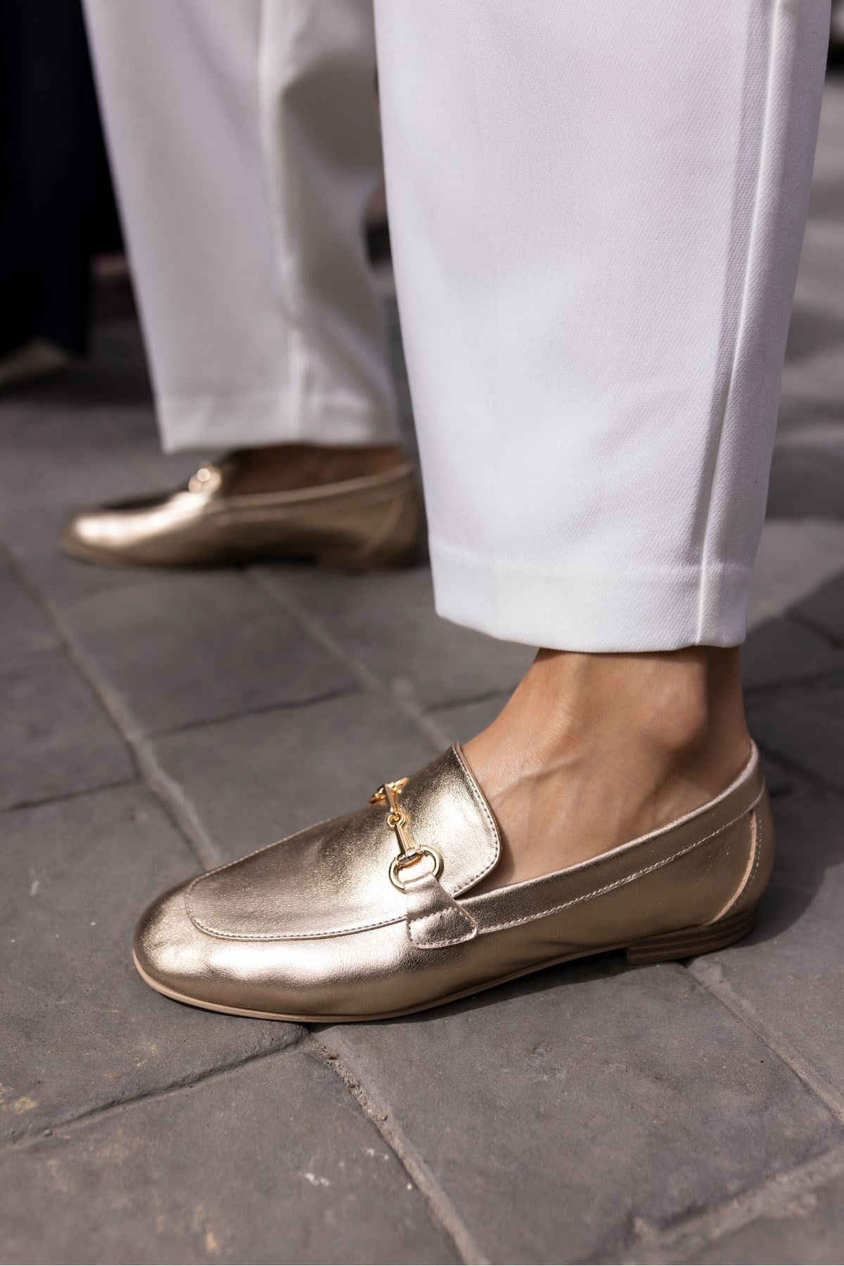 GEOLA KADIN ALTIN GOLD GERCEK DERİ LOAFER BABET