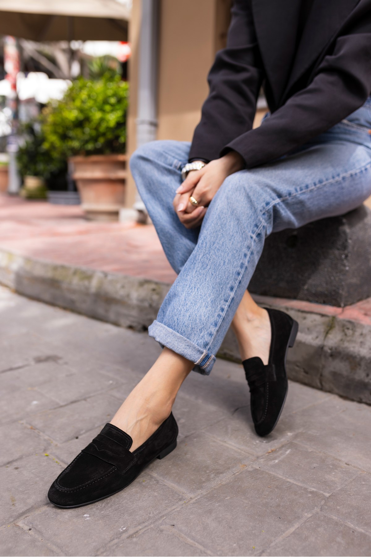 OTTON KADIN SİYAH GERECK SUET LOAFER BABET