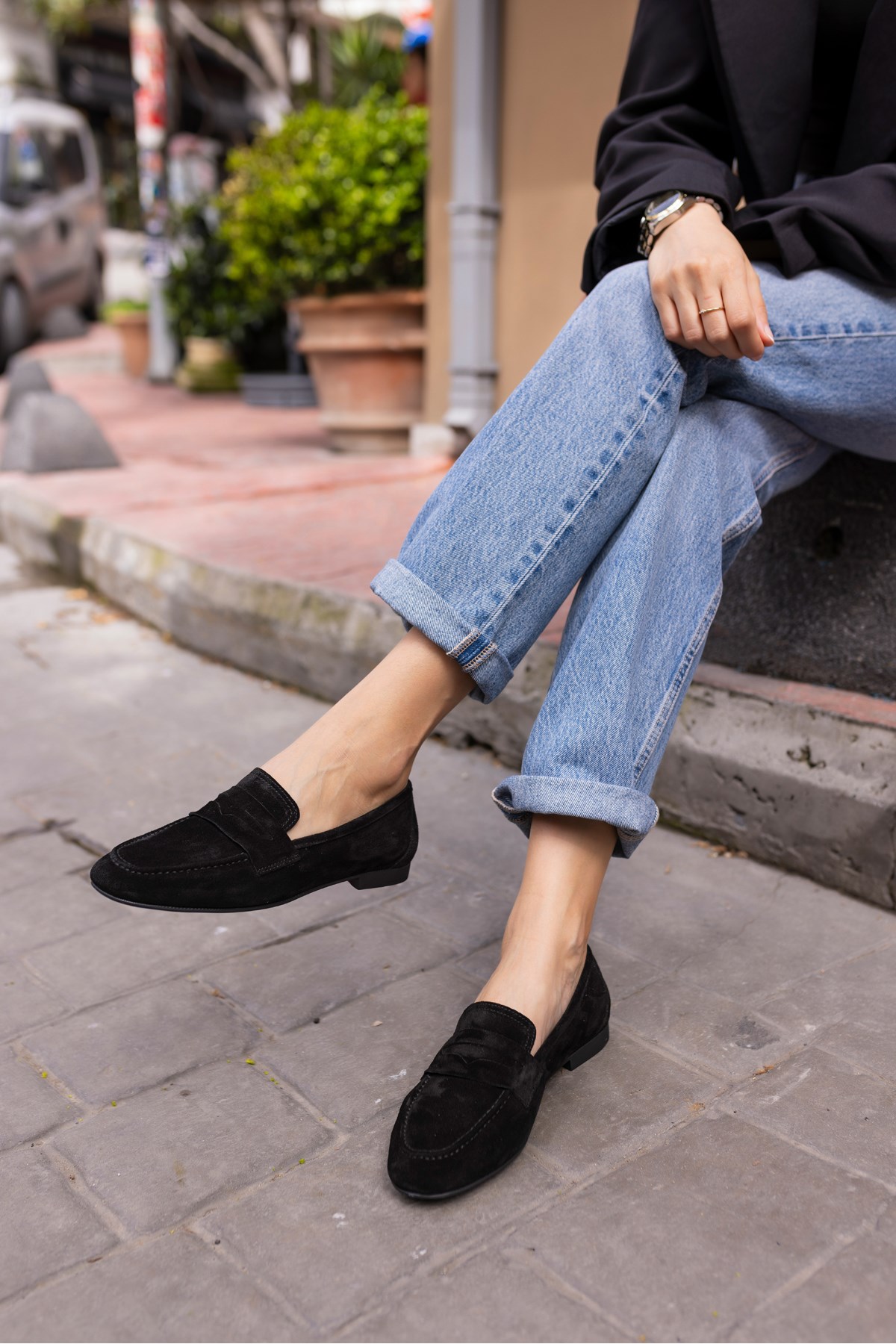 OTTON KADIN SİYAH GERECK SUET LOAFER BABET