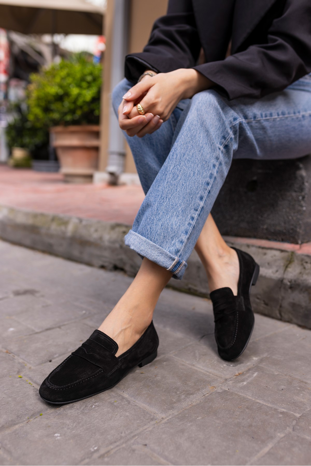 OTTON KADIN SİYAH GERECK SUET LOAFER BABET