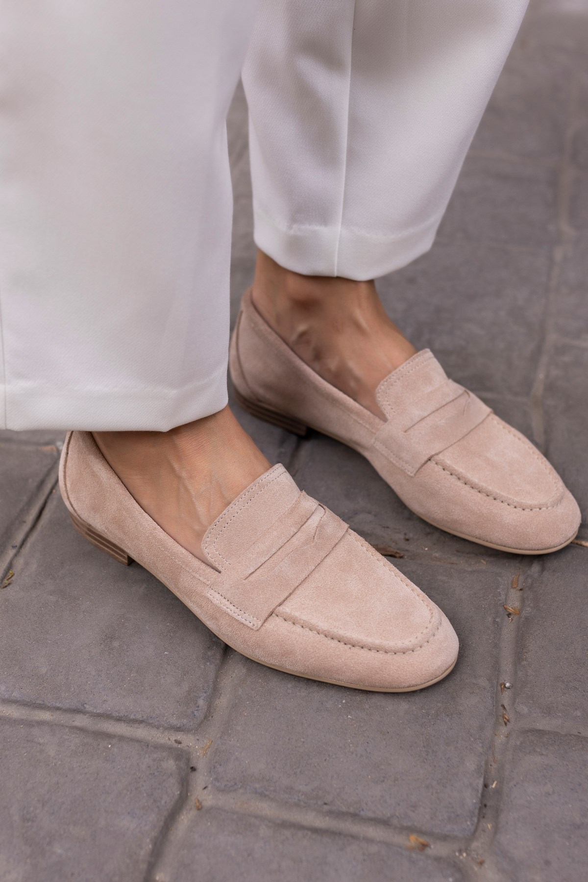 OTTON KADİN BEJ GERCEK SUET LOAFER BABET