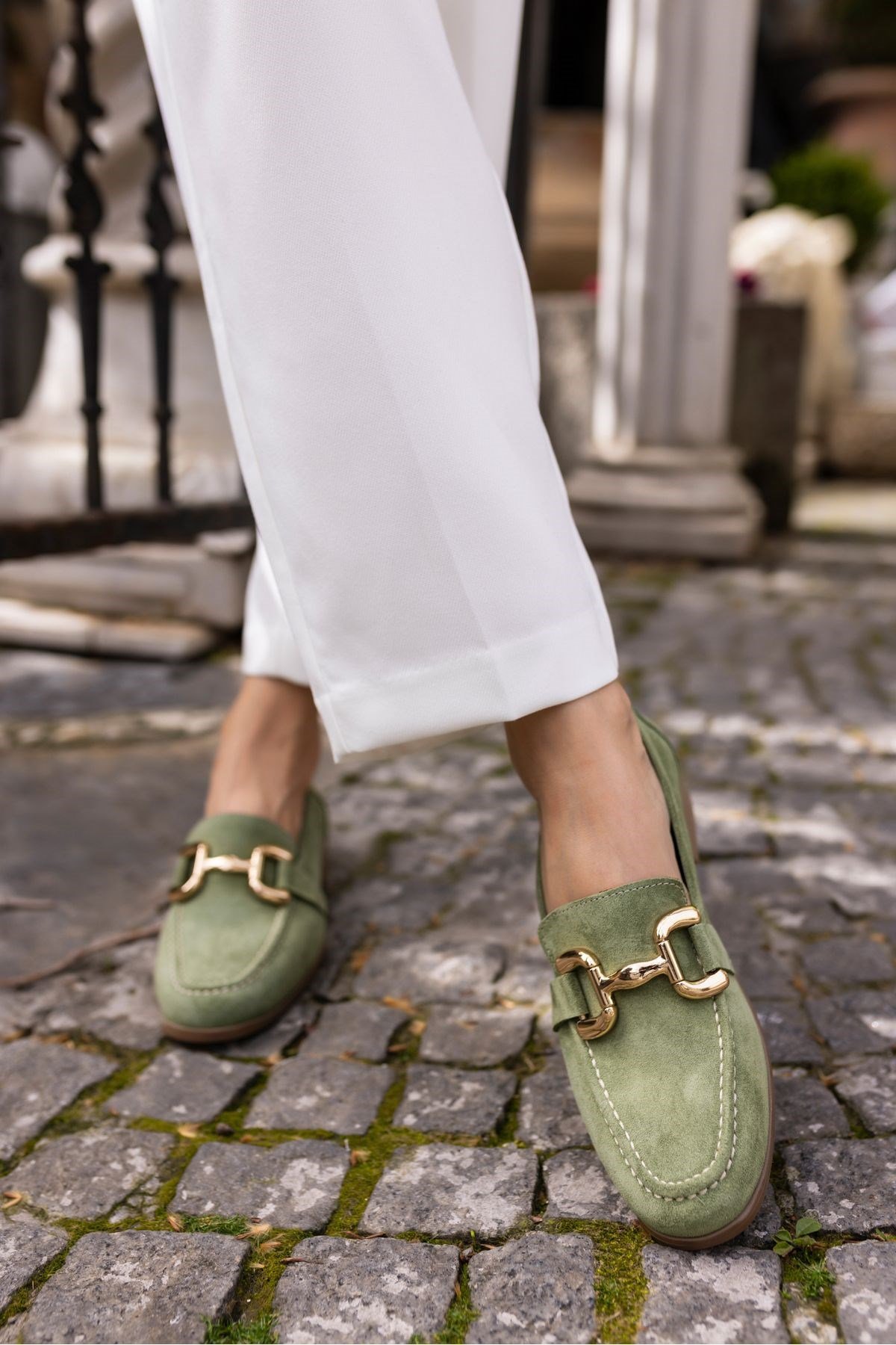 TRİNK KADİN YEŞİL GERCEK DERİ SUET İTHAL TOKA LOAFER AYAKKABİ
