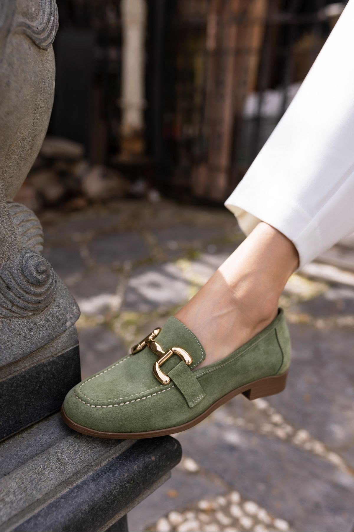 TRİNK KADİN YEŞİL GERCEK DERİ SUET İTHAL TOKA LOAFER AYAKKABİ