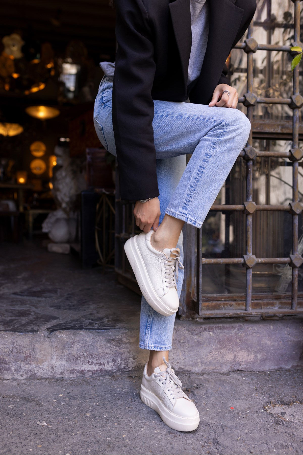 ROLD KADIN BEJ GERCEK DERİ SNEAKER