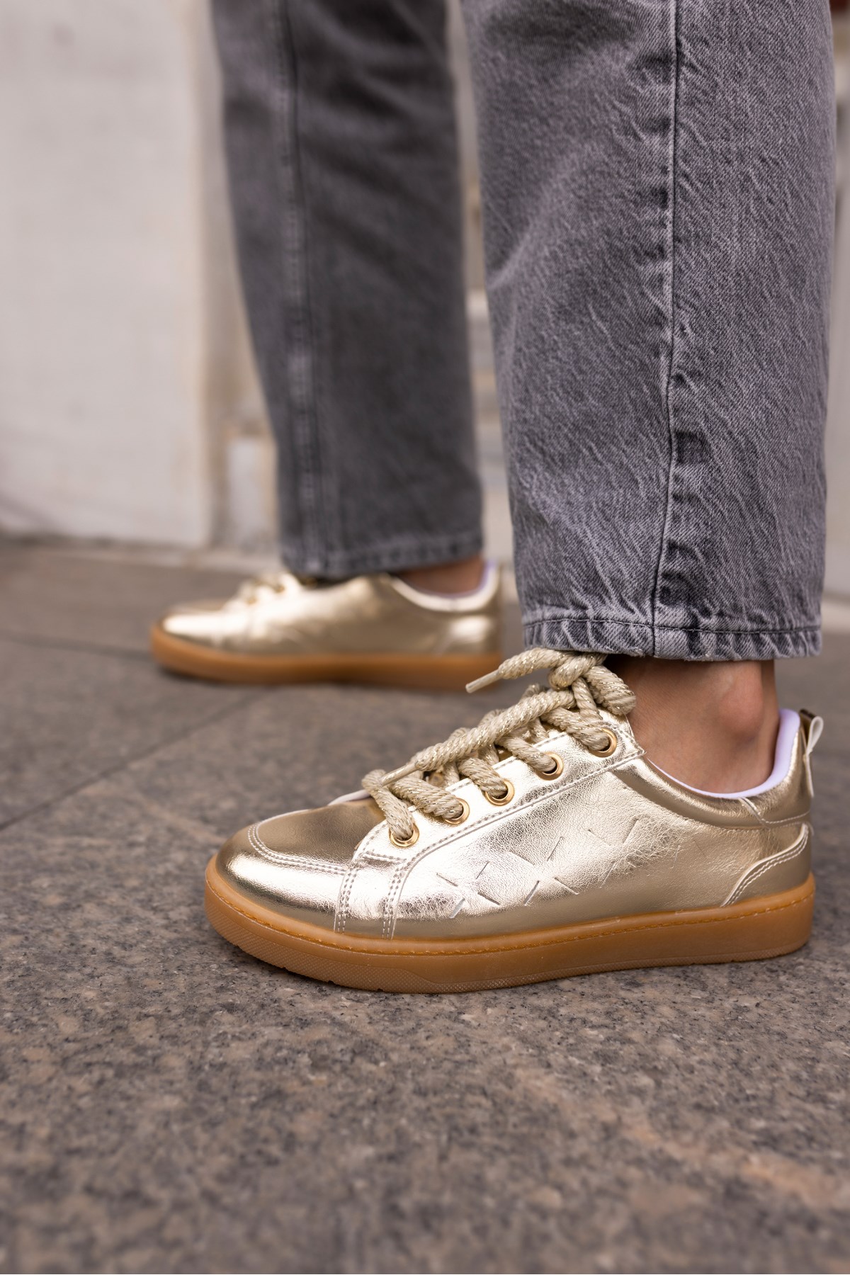 Fuedi Kadın Gold Altın Hasir Örgü Ip Tarzi Sneaker