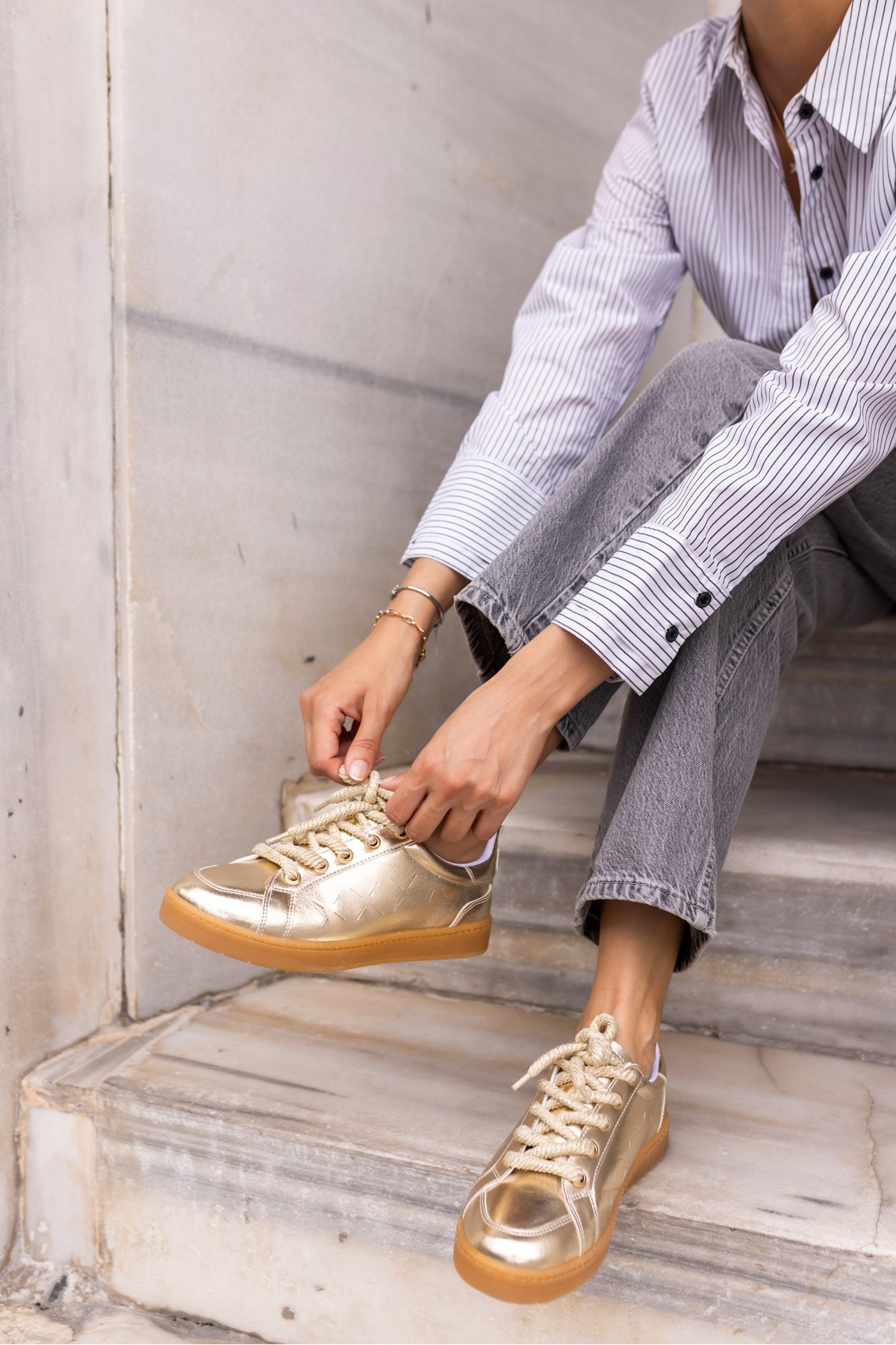 Fuedi Kadın Gold Altın Hasir Örgü Ip Tarzi Sneaker