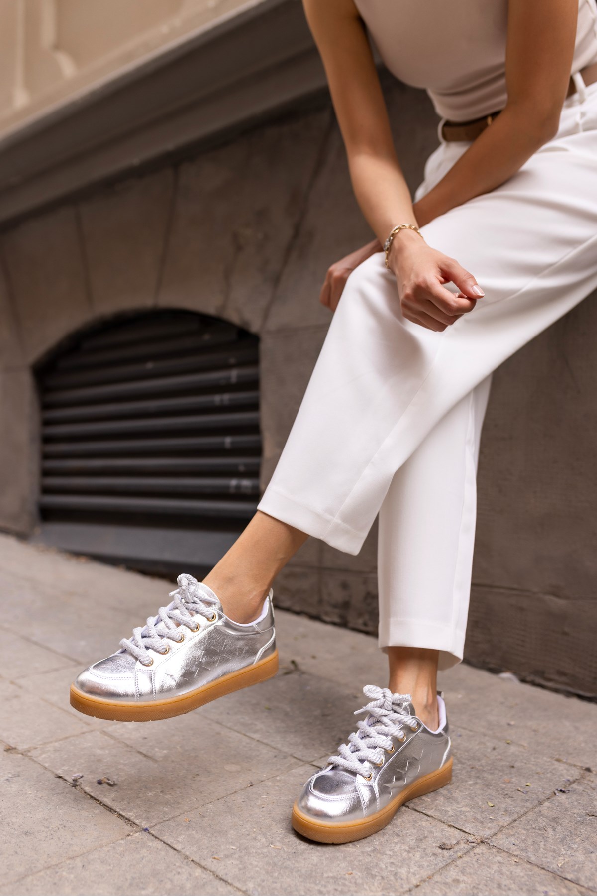 Fuedi Kadin Gümüş Örgu Ip Tarzi Sneaker