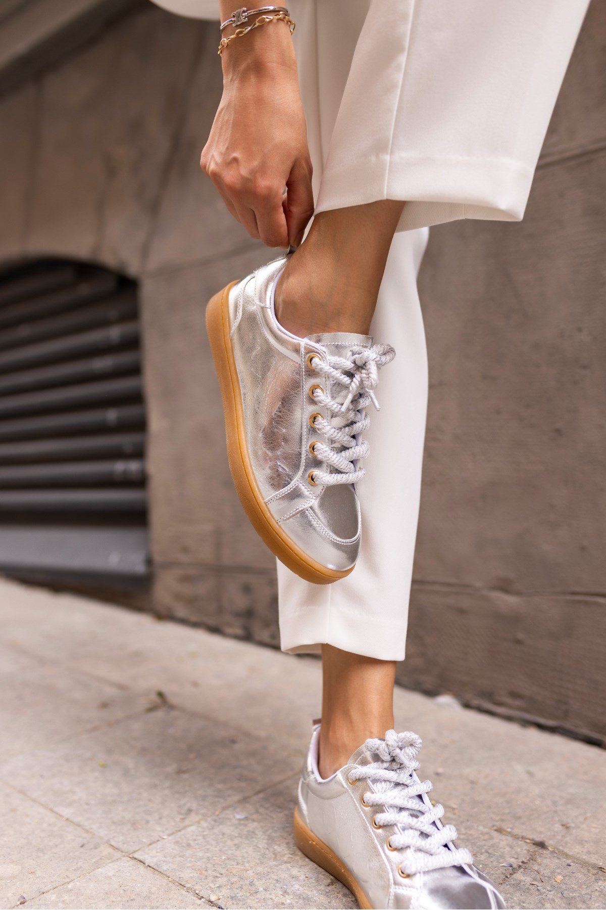 Fuedi Kadin Gümüş Örgu Ip Tarzi Sneaker