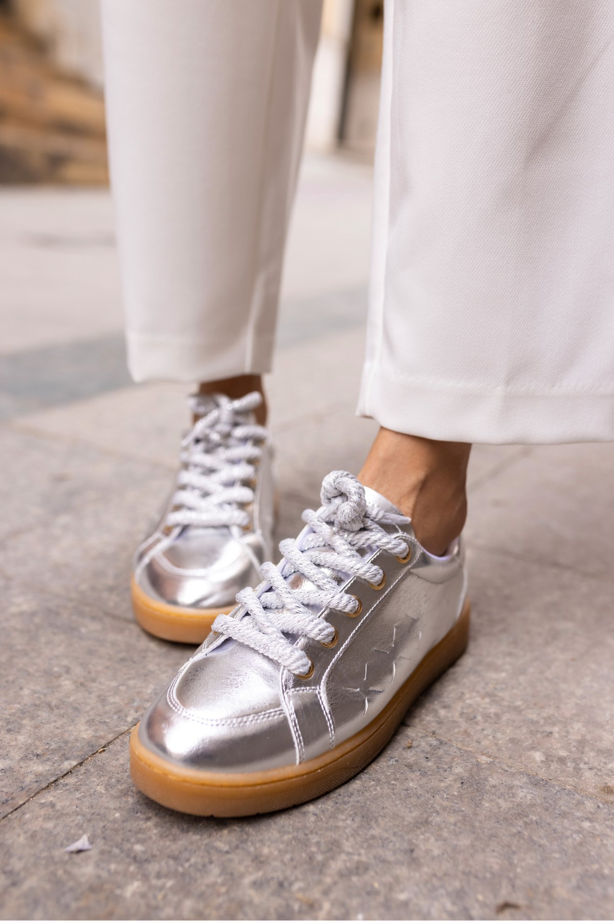 Fuedi Kadin Gümüş Örgu Ip Tarzi Sneaker