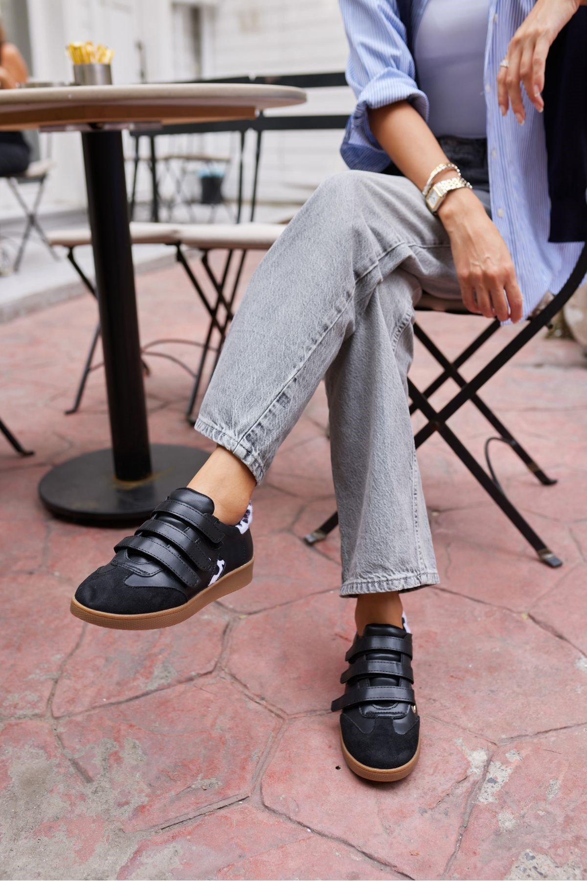 İSABEL KADIN SİYAH CIRTLI KAUCUK TABAN SNEAKER