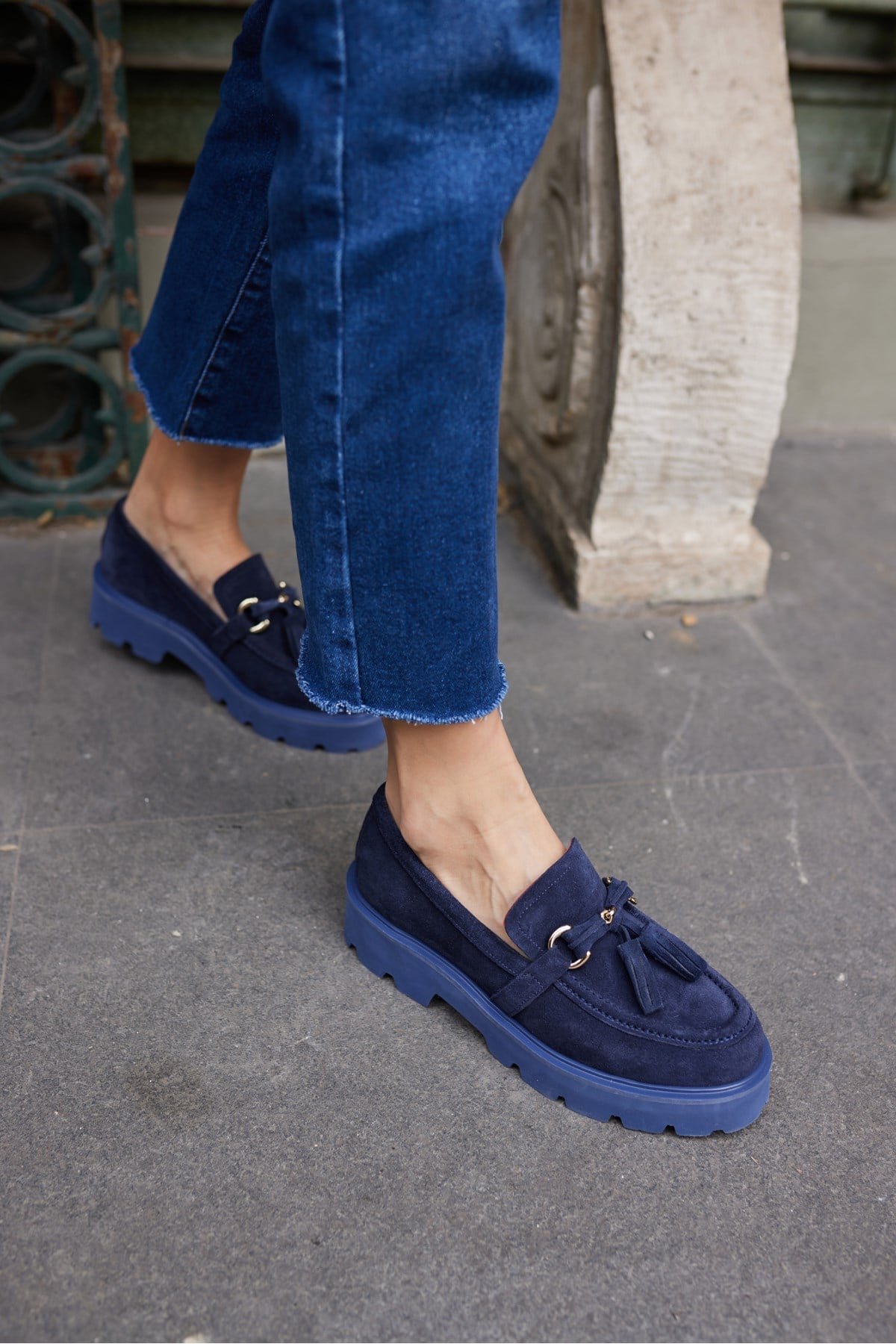 GRAY KADIN LACİVERT GERCEK SUET PUSKULLU EVA TABAN LOAFER