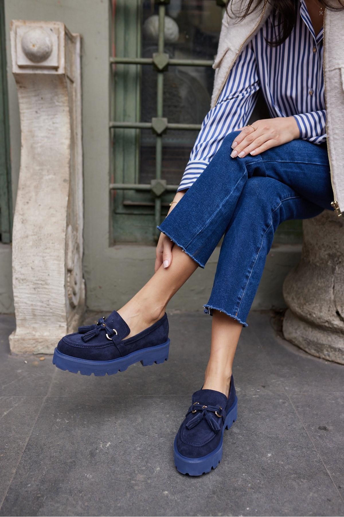 GRAY KADIN LACİVERT GERCEK SUET PUSKULLU EVA TABAN LOAFER