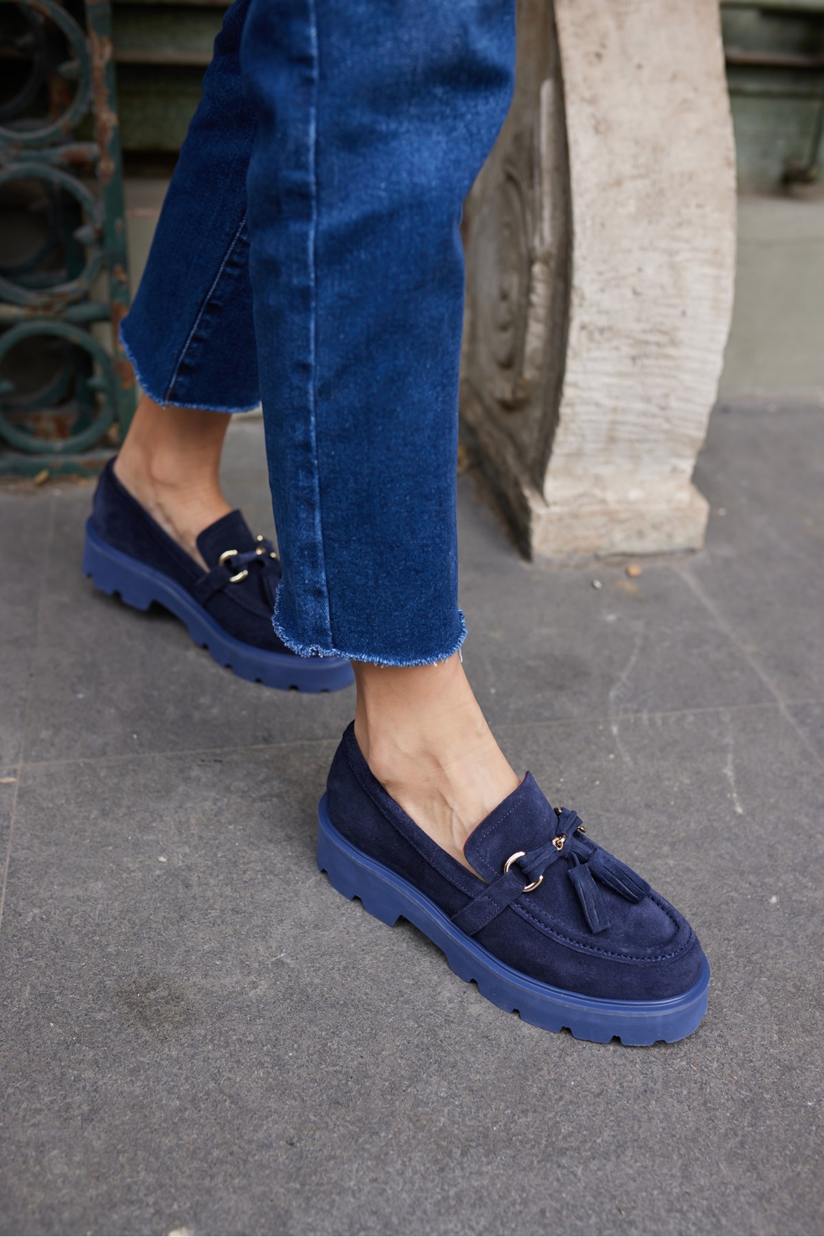 GRAY KADIN LACİVERT GERCEK SUET PUSKULLU EVA TABAN LOAFER