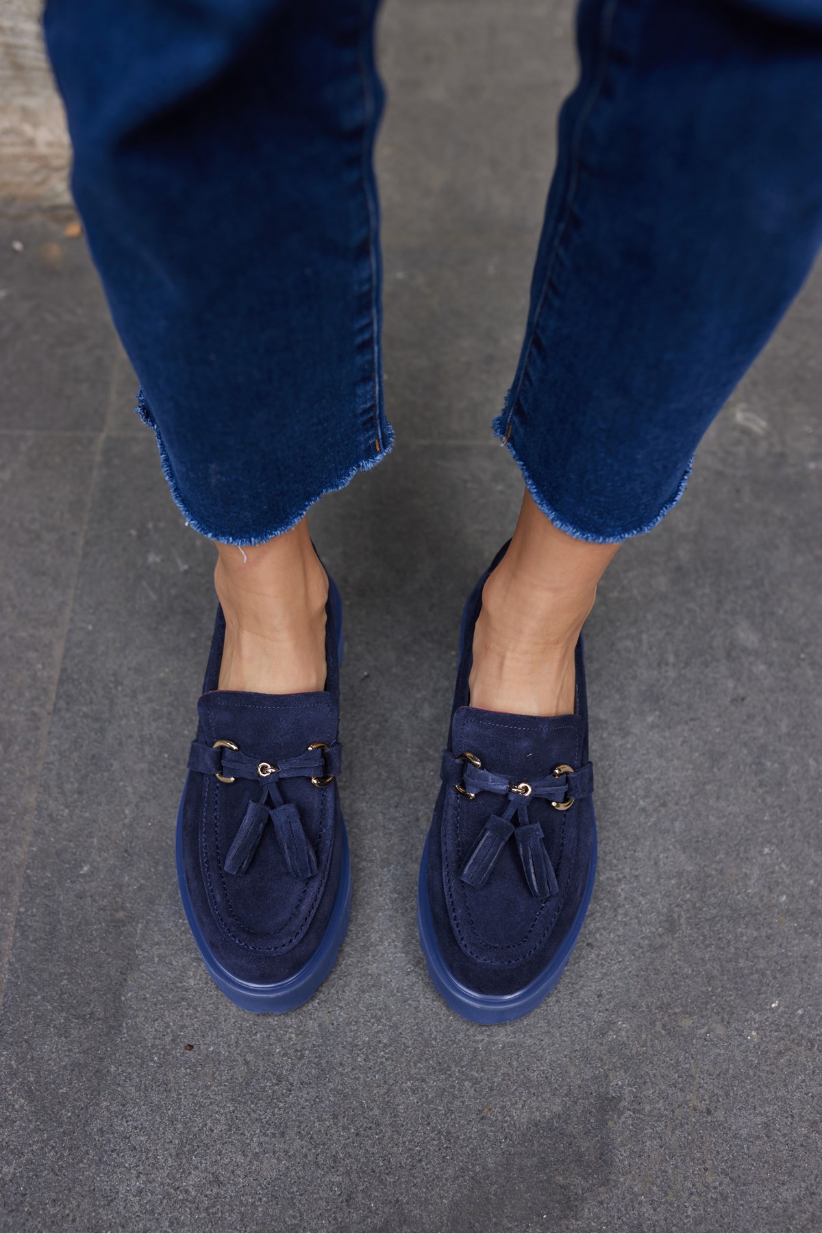 GRAY KADIN LACİVERT GERCEK SUET PUSKULLU EVA TABAN LOAFER