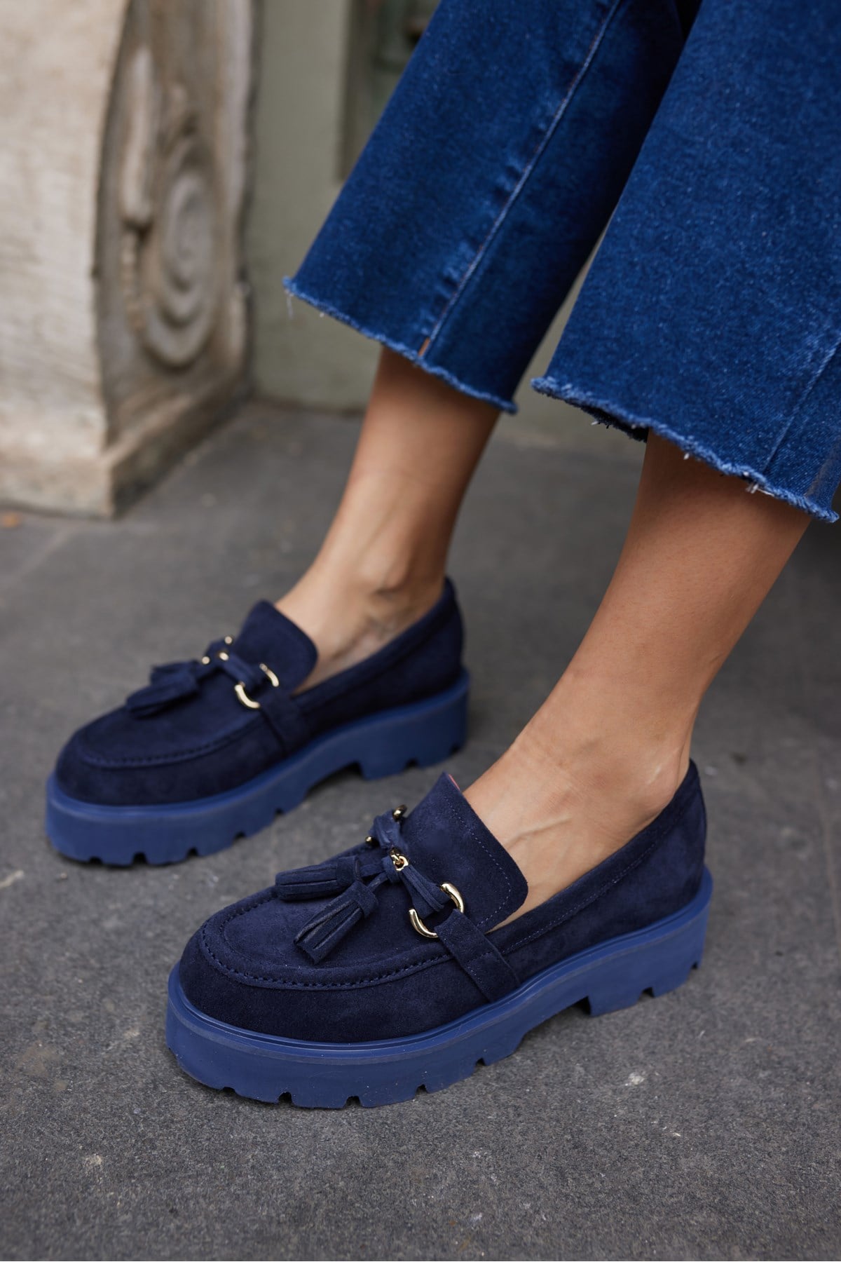 GRAY KADIN LACİVERT GERCEK SUET PUSKULLU EVA TABAN LOAFER