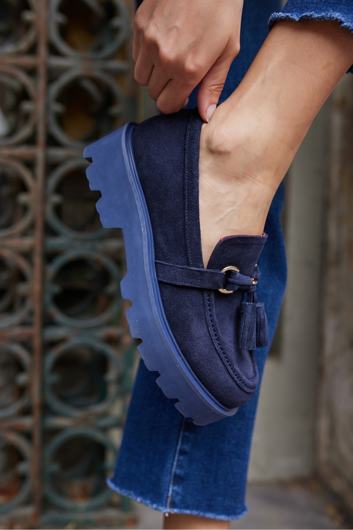 GRAY KADIN LACİVERT GERCEK SUET PUSKULLU EVA TABAN LOAFER